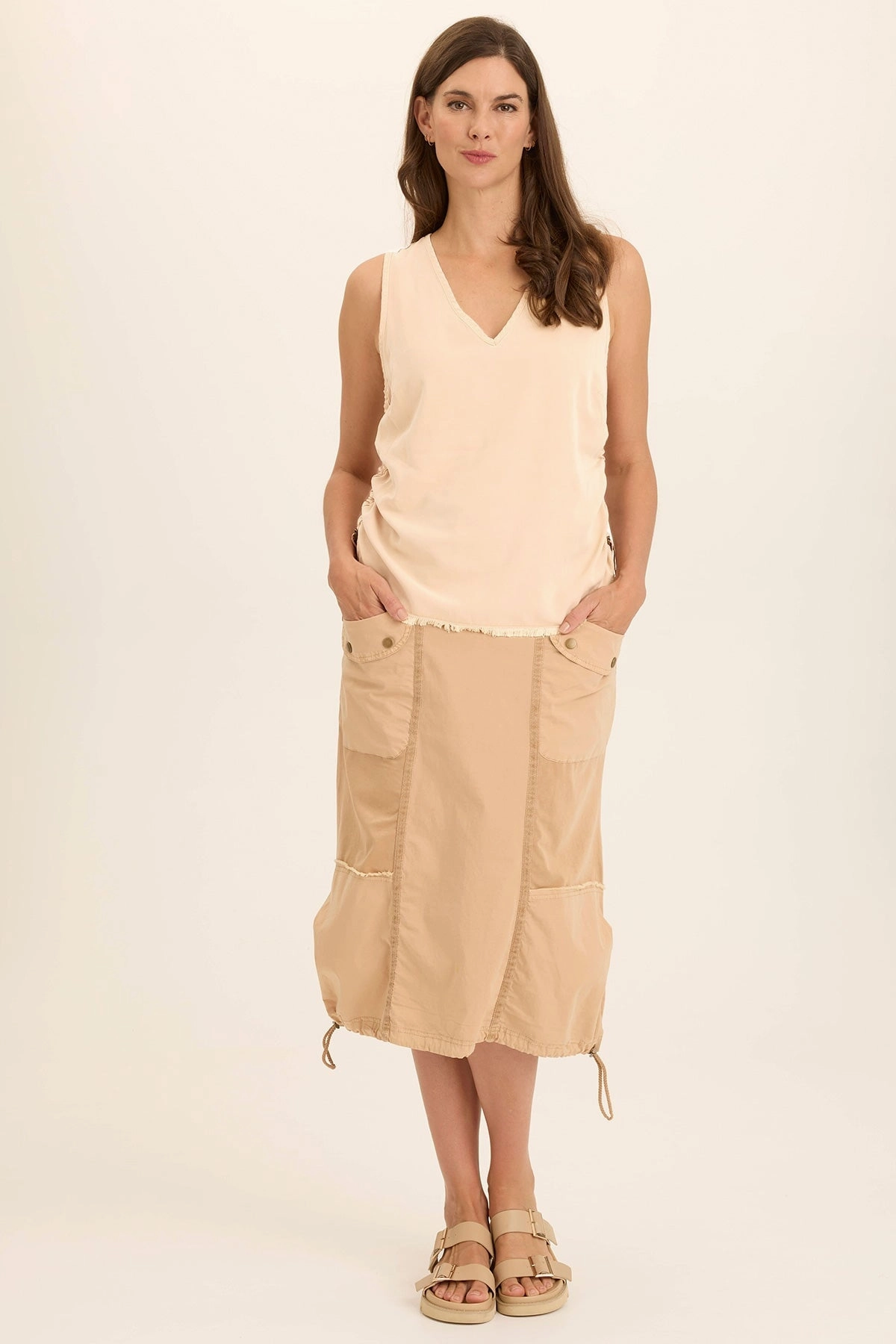 Marconi Cargo Cinch Bubble Hem Midi Skirt Modern Chic ruffle trim