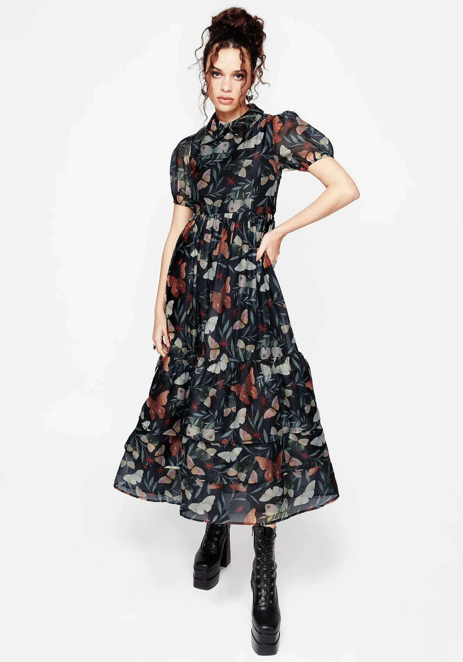 Mariposa Puff Sleeve Organza Maxi Shirt Dress Stream Cut