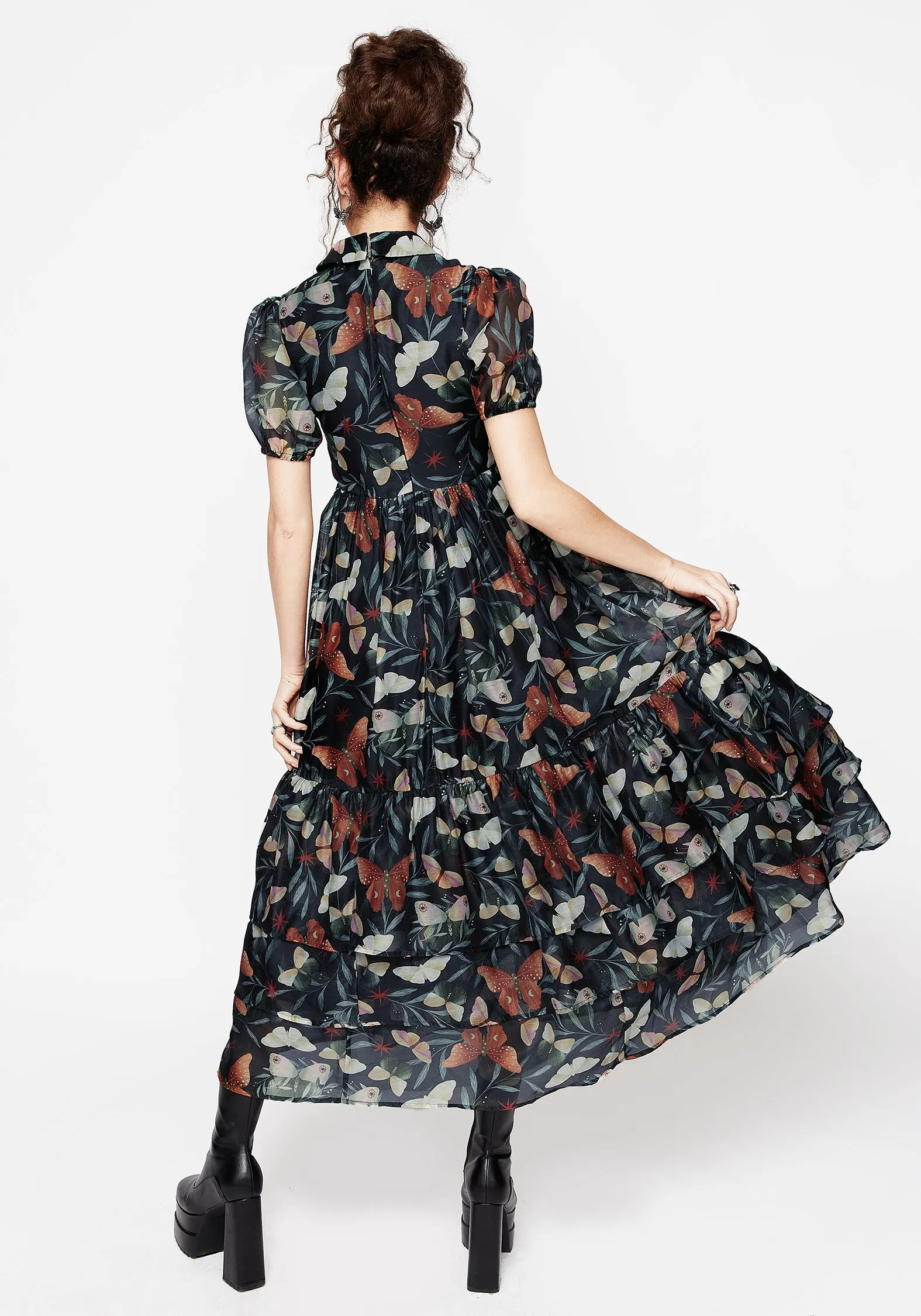 Feminine flowing piece Villa Mood Mariposa Puff Sleeve Organza Maxi Shirt Dress