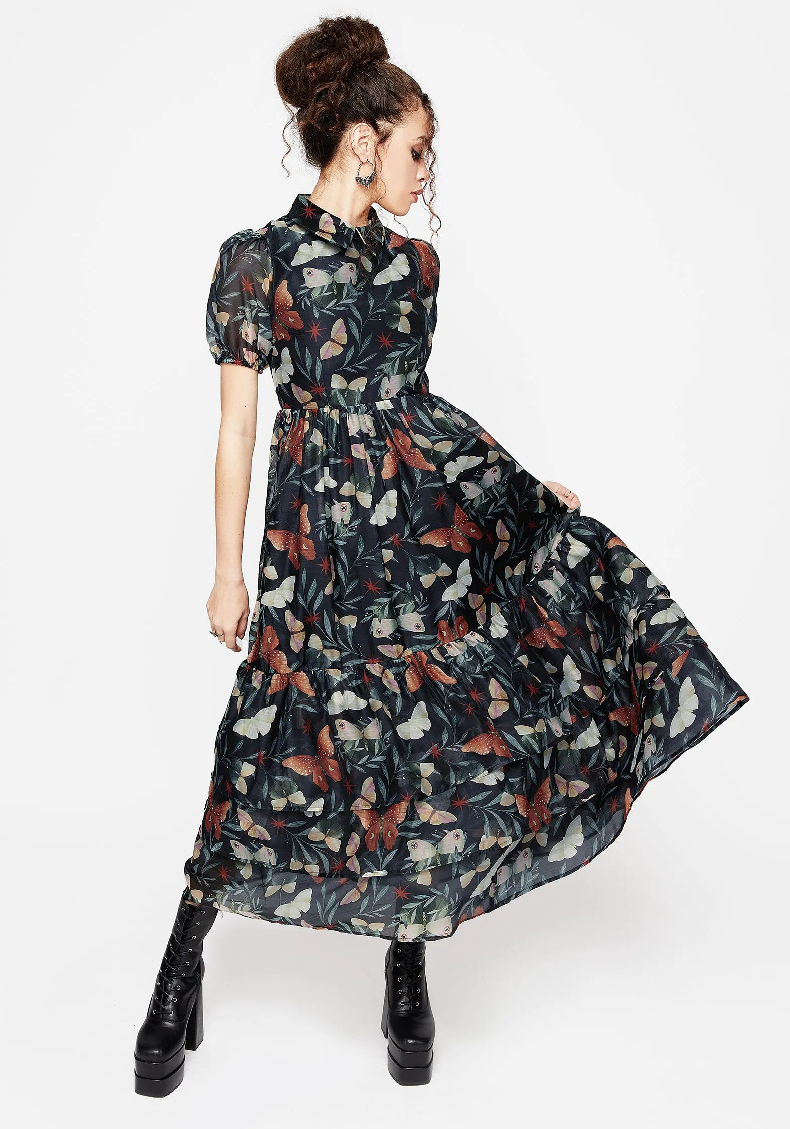 Timeless Style Wear Mariposa Puff Sleeve Organza Maxi Shirt Dress