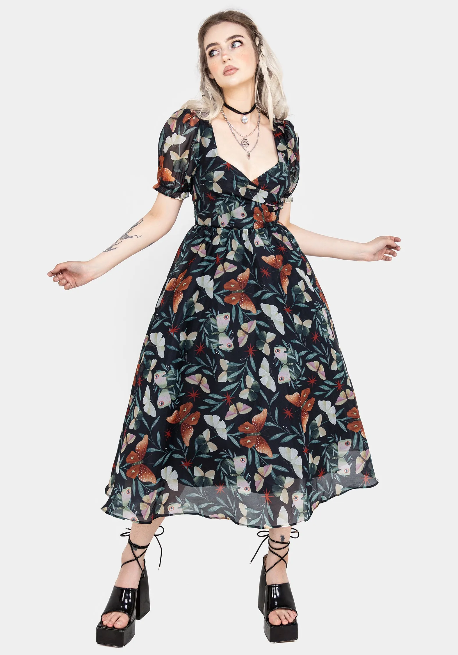 Playful Twist Mariposa Puff Sleeve Organza Midi Dress