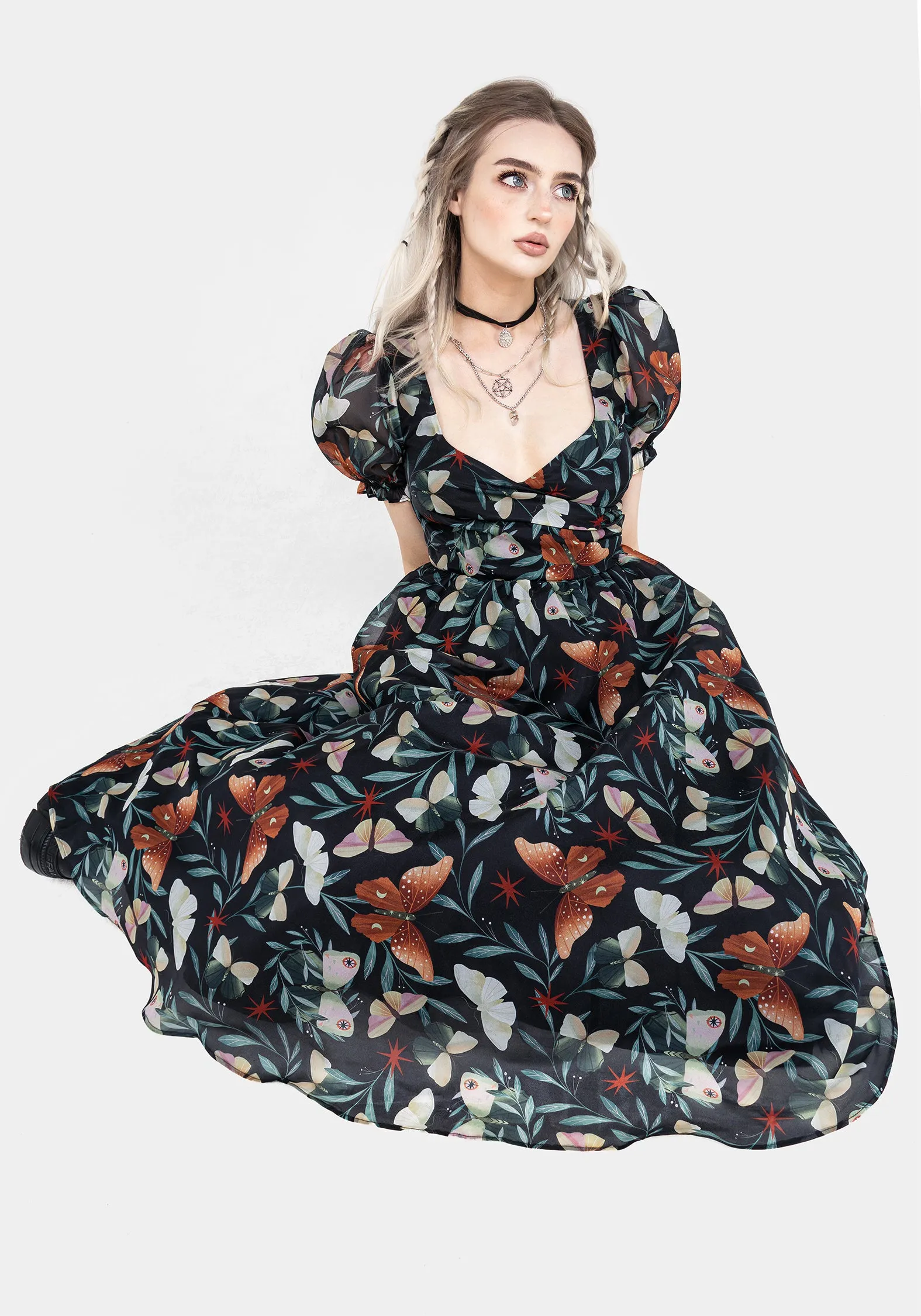 Mariposa Puff Sleeve Organza Midi Dress Texture Play Soft Fabric