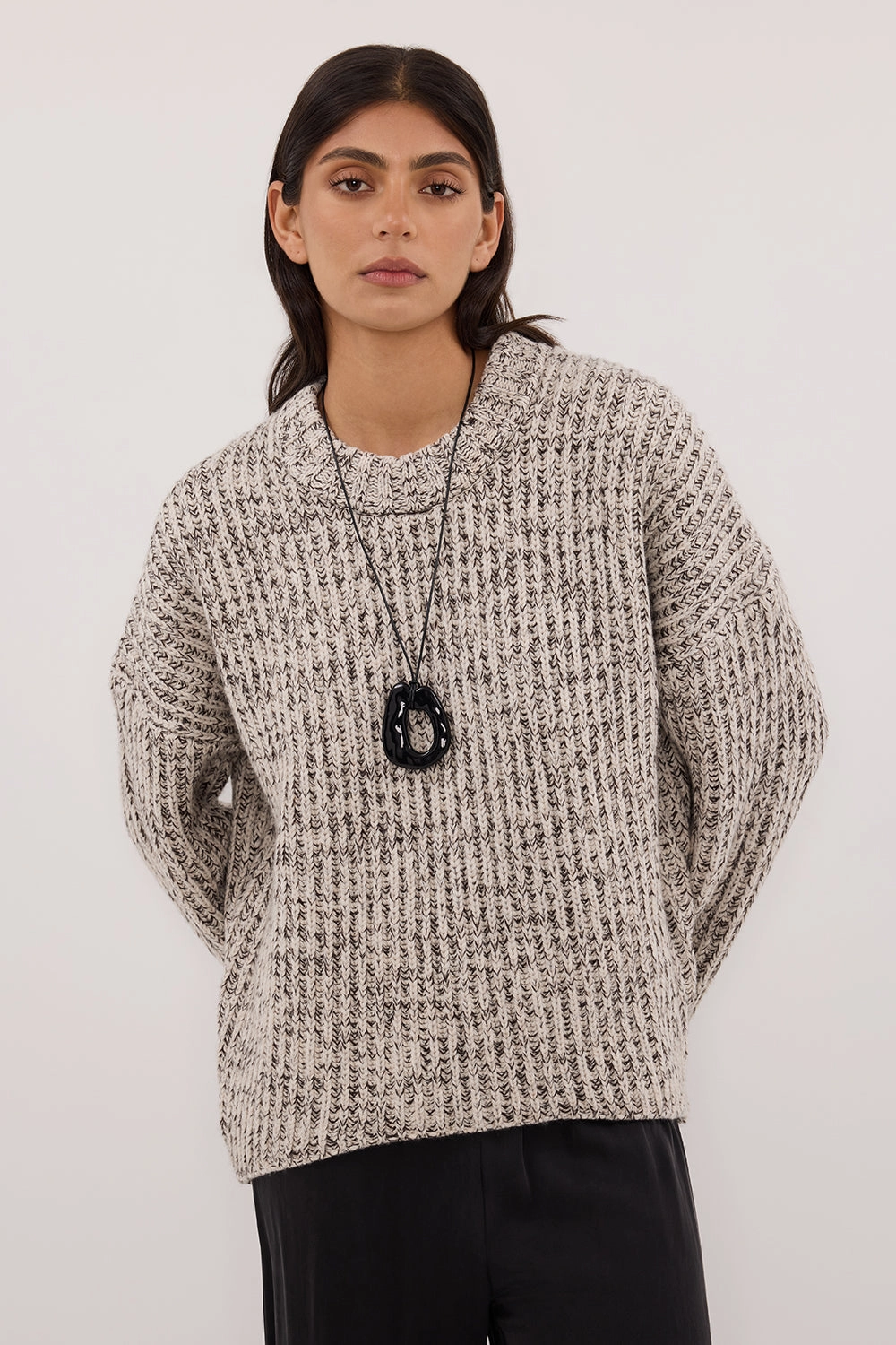 Reinforced Shoulder Design Modern Knitwear MARLEY IVORY CHOC SPECKLE JUMPER