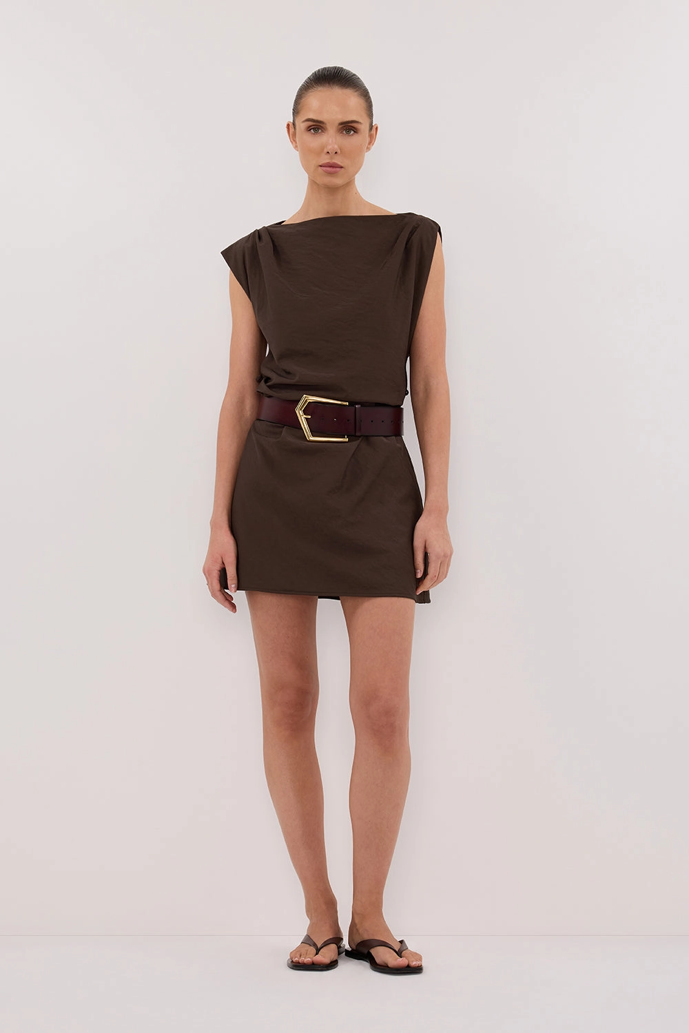 Stylish Appearance Clasp-Closure MARMO CHOCOLATE DRAPED MINI DRESS