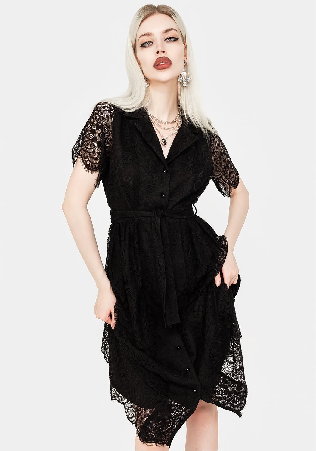 Martyr Collar Lace Midi Shirt Dress Smooth Texture Shiny-Lining