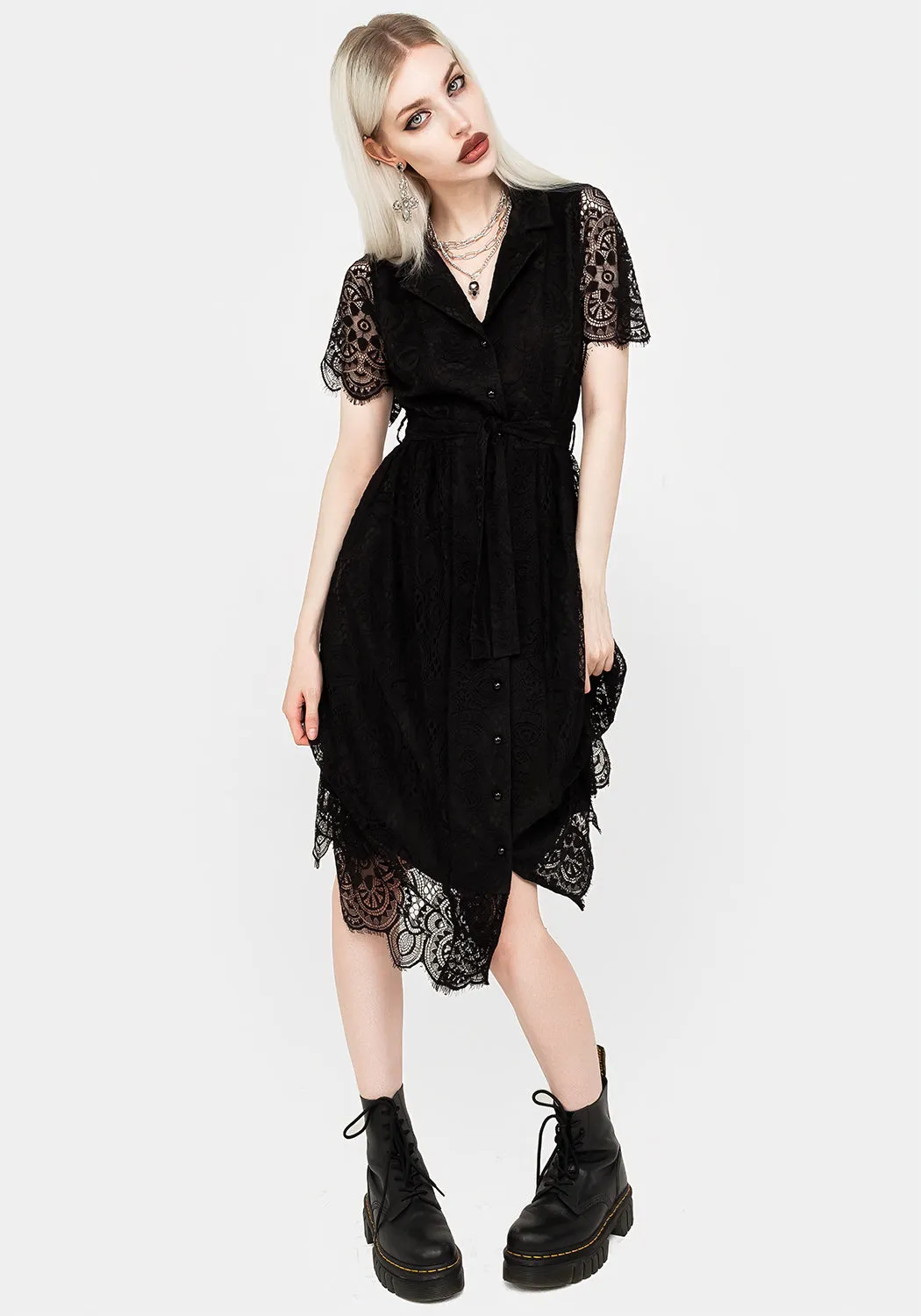 Martyr Collar Lace Midi Shirt Dress Street-Style
