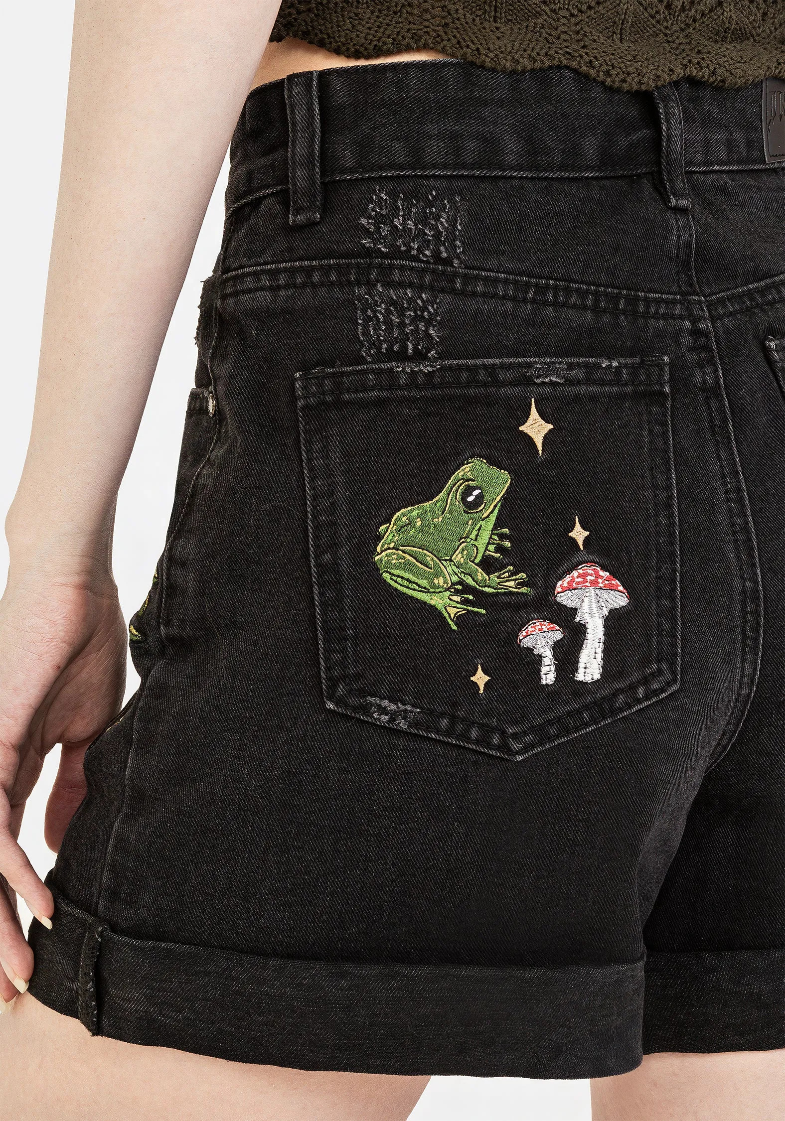 Swamplife Embroidered Denim Shorts stripe design