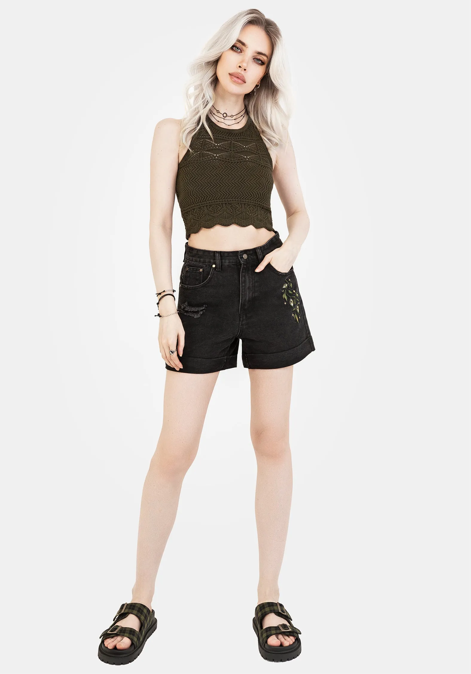 Swamplife Embroidered Denim Shorts Breeze Stretch Semi Formal