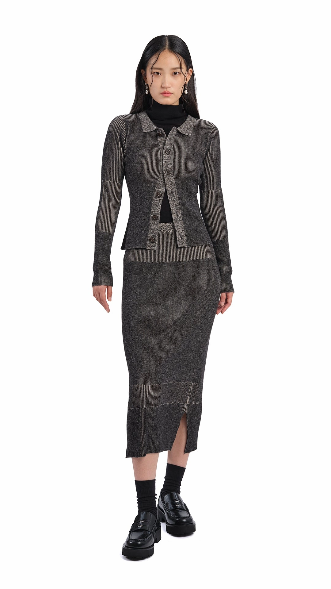 Velvet Finish Recycled Material Knitted Two Tone Pencil Skirt