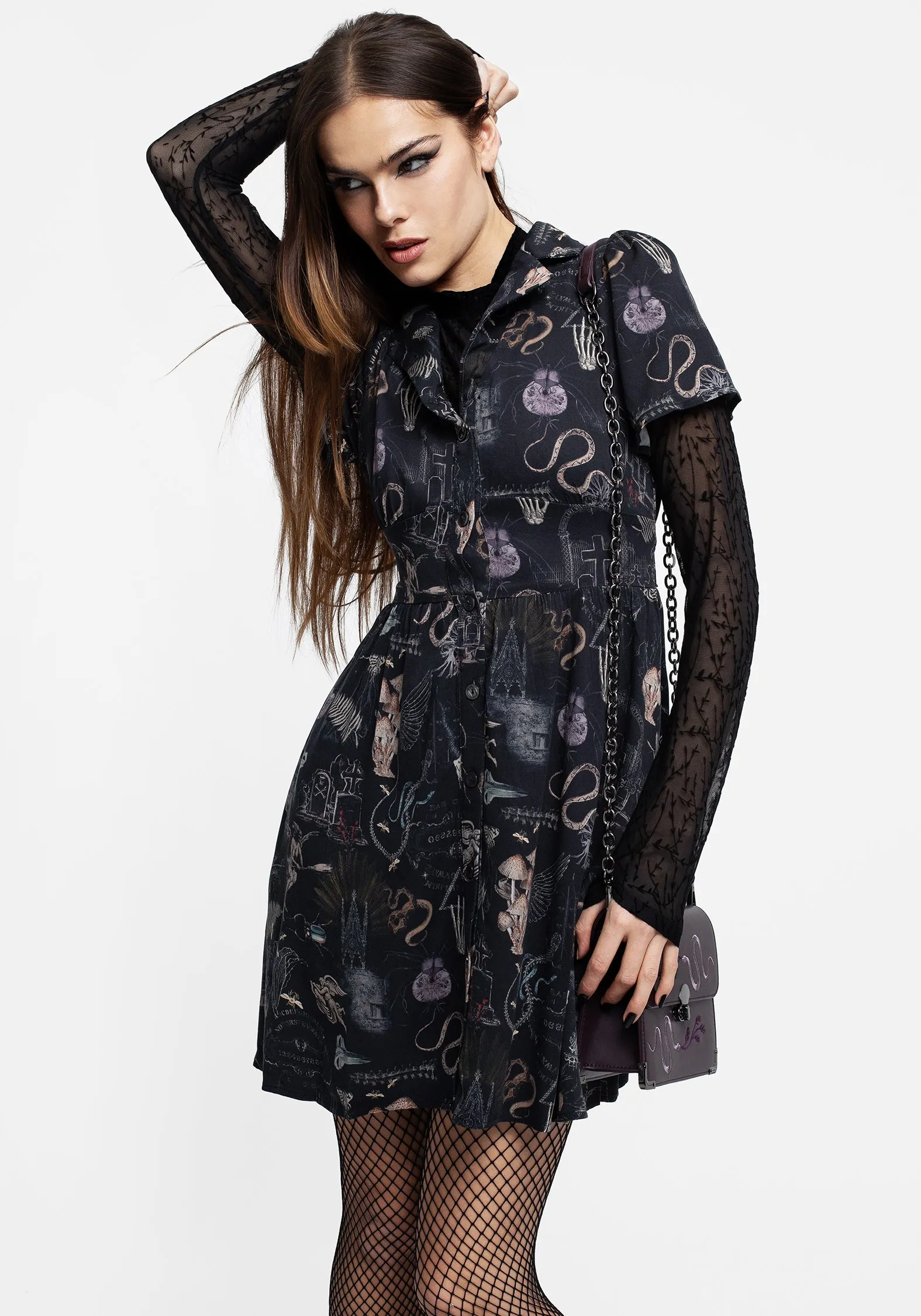 Maudeline Victoriana Print Eco-Viscose Mini Shirt Dress Soft-touch daywear