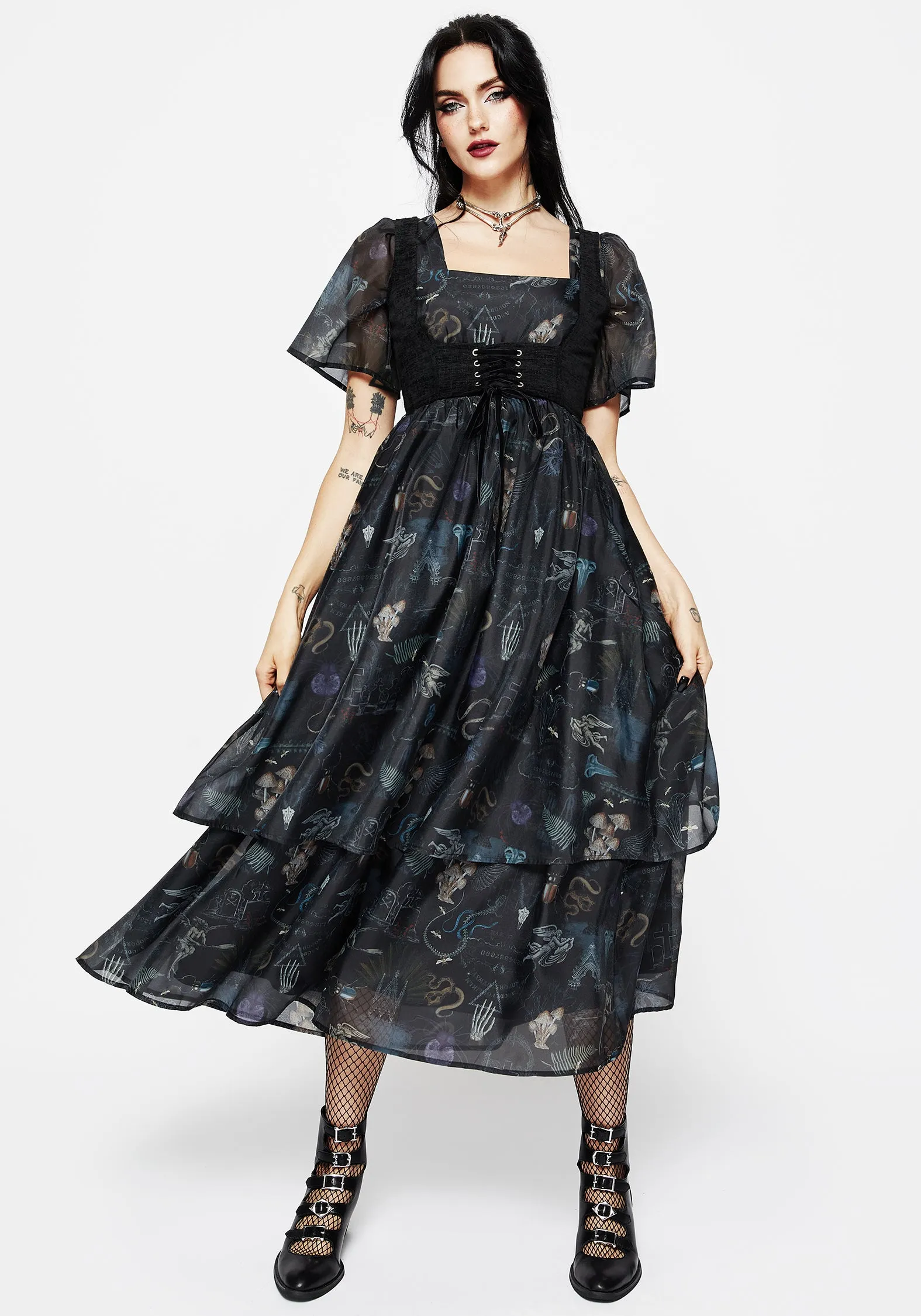 Maudeline Victoriana Print Layered Organza Midaxi Dress Travel-Style