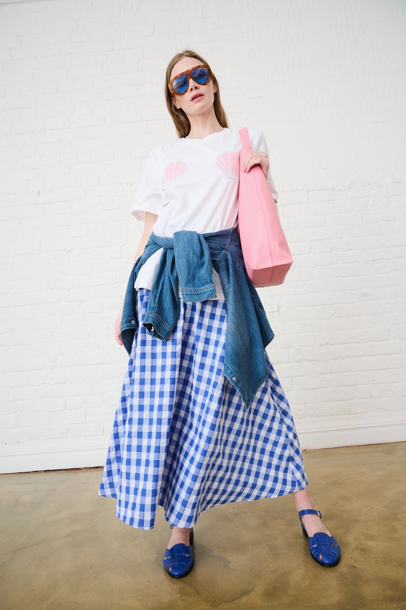 yoga session Maxi Skirt in Blue Gingham