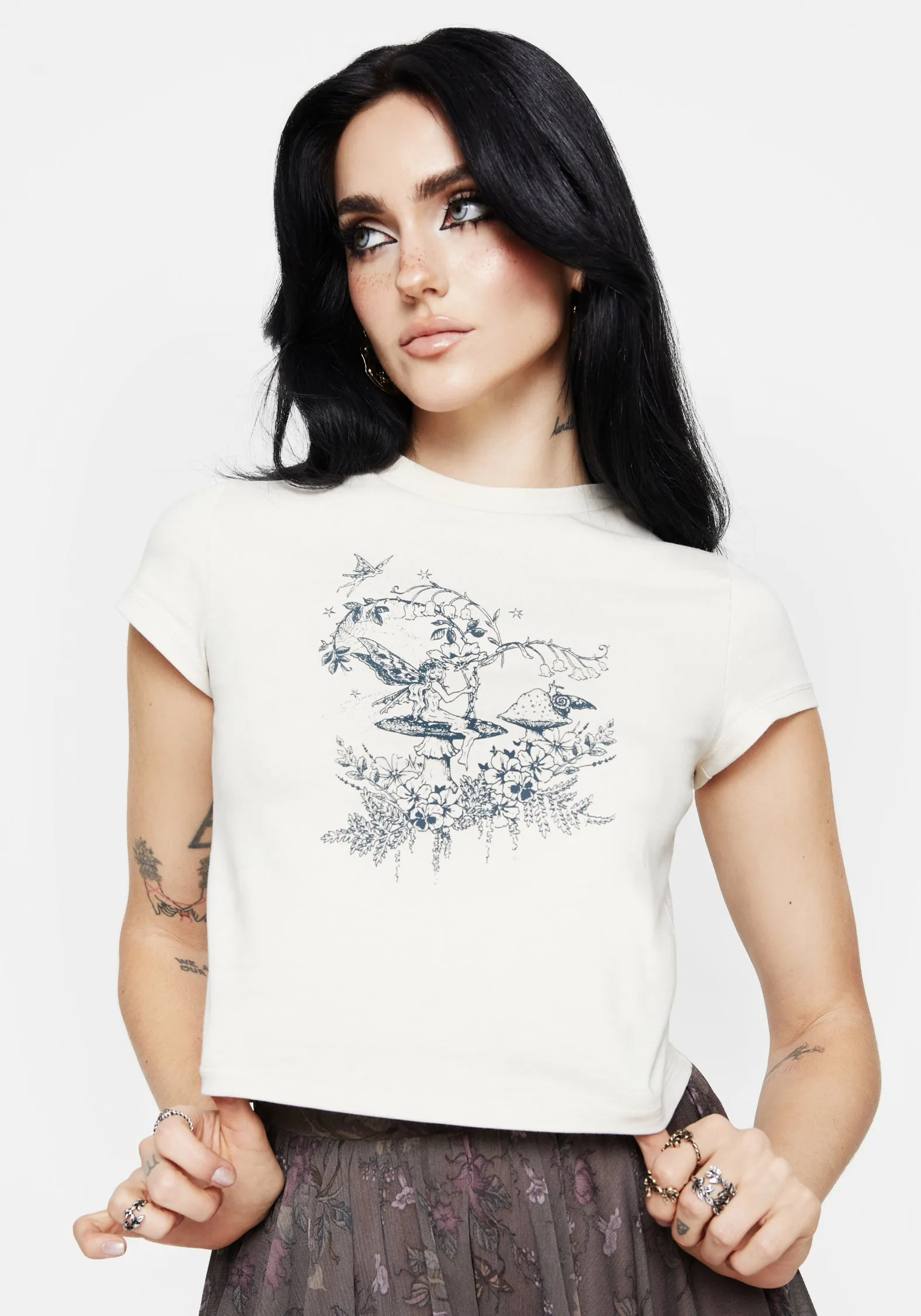 WrinkleResistantFinish AbrasionResistant Surface Maypole Cotton Fairy Print Crop T-Shirt