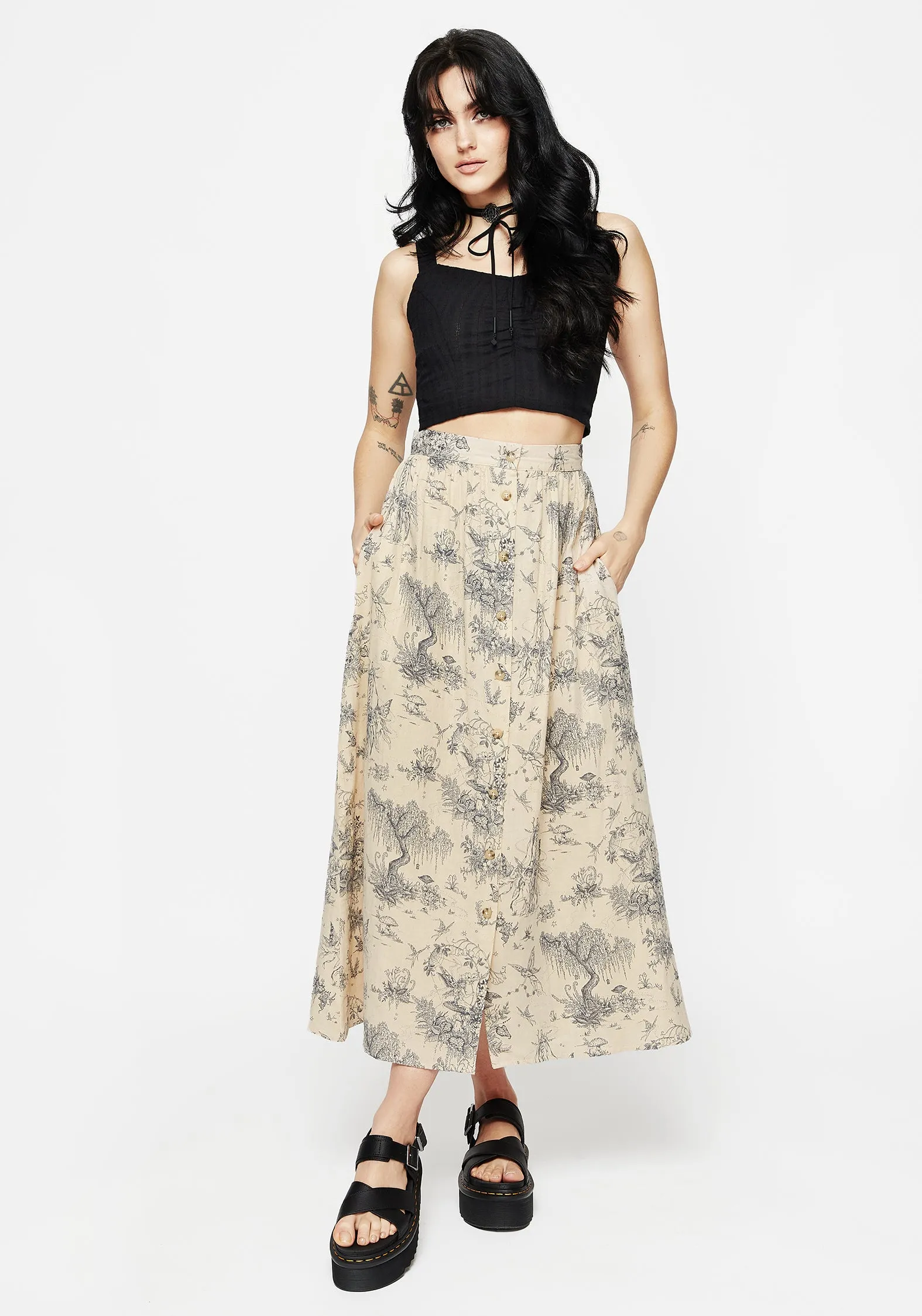 Laser cut A line Maypole Cotton Print Button Up Midaxi Skirt