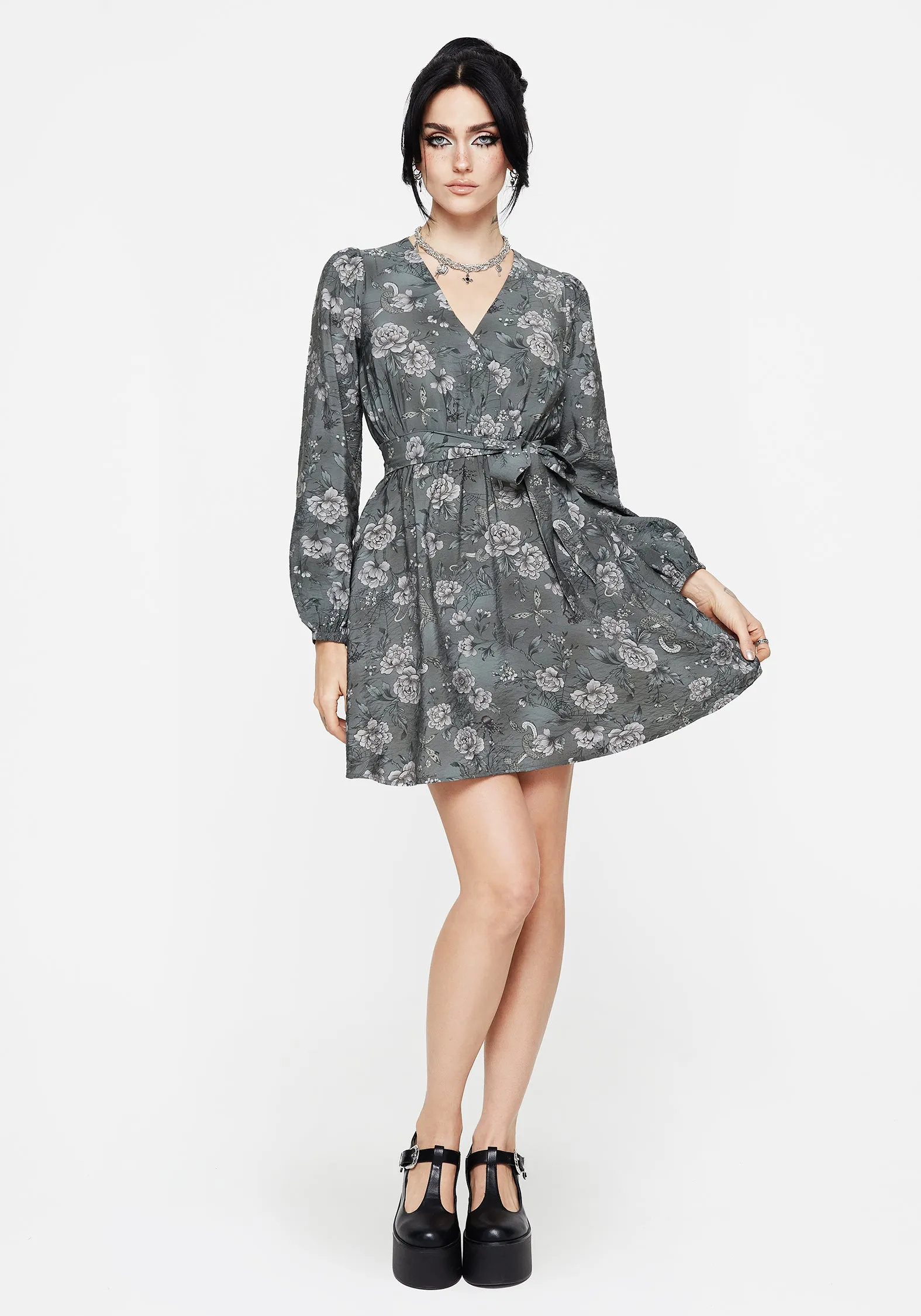 Timeless Soft Silky Shape Meadow Floral Serpent Print Mini Wrap Dress