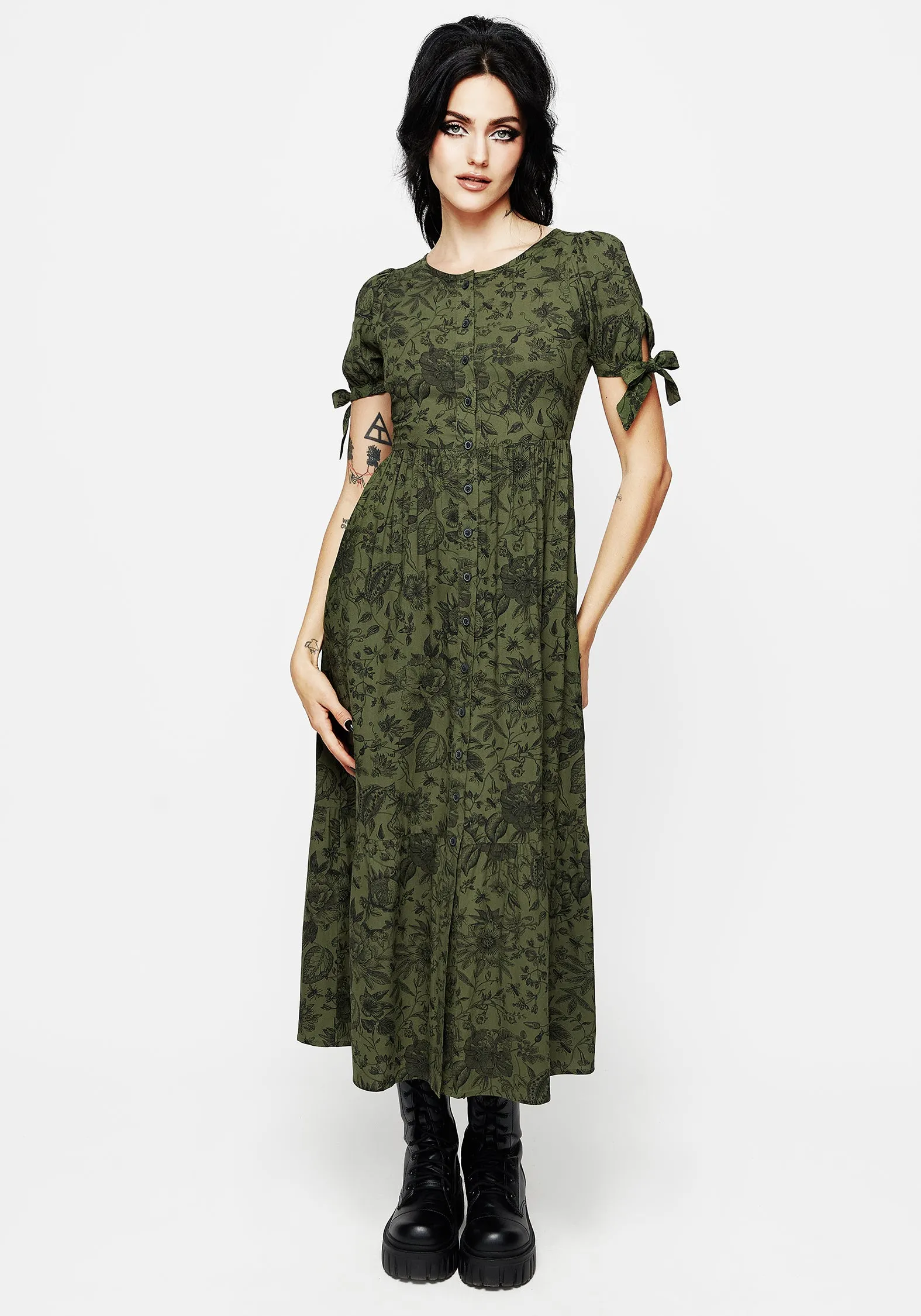 Meadowflowers Floral Print Button Up Tiered Midaxi Dress Pure Lines Minimal Tone