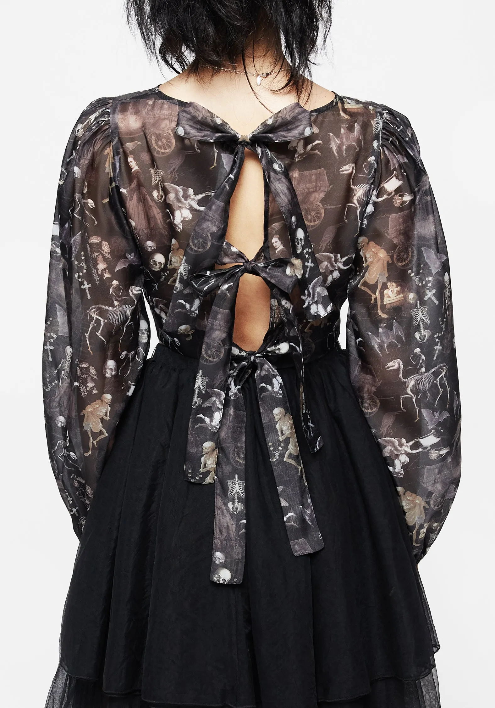 studded Stain Resistant Melancholia Puff Sleeve Tie Back Organza Crop Top