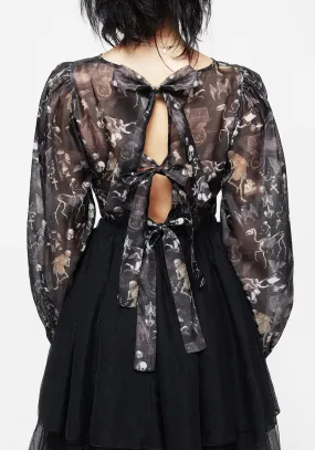 studded Stain Resistant Melancholia Puff Sleeve Tie Back Organza Crop Top