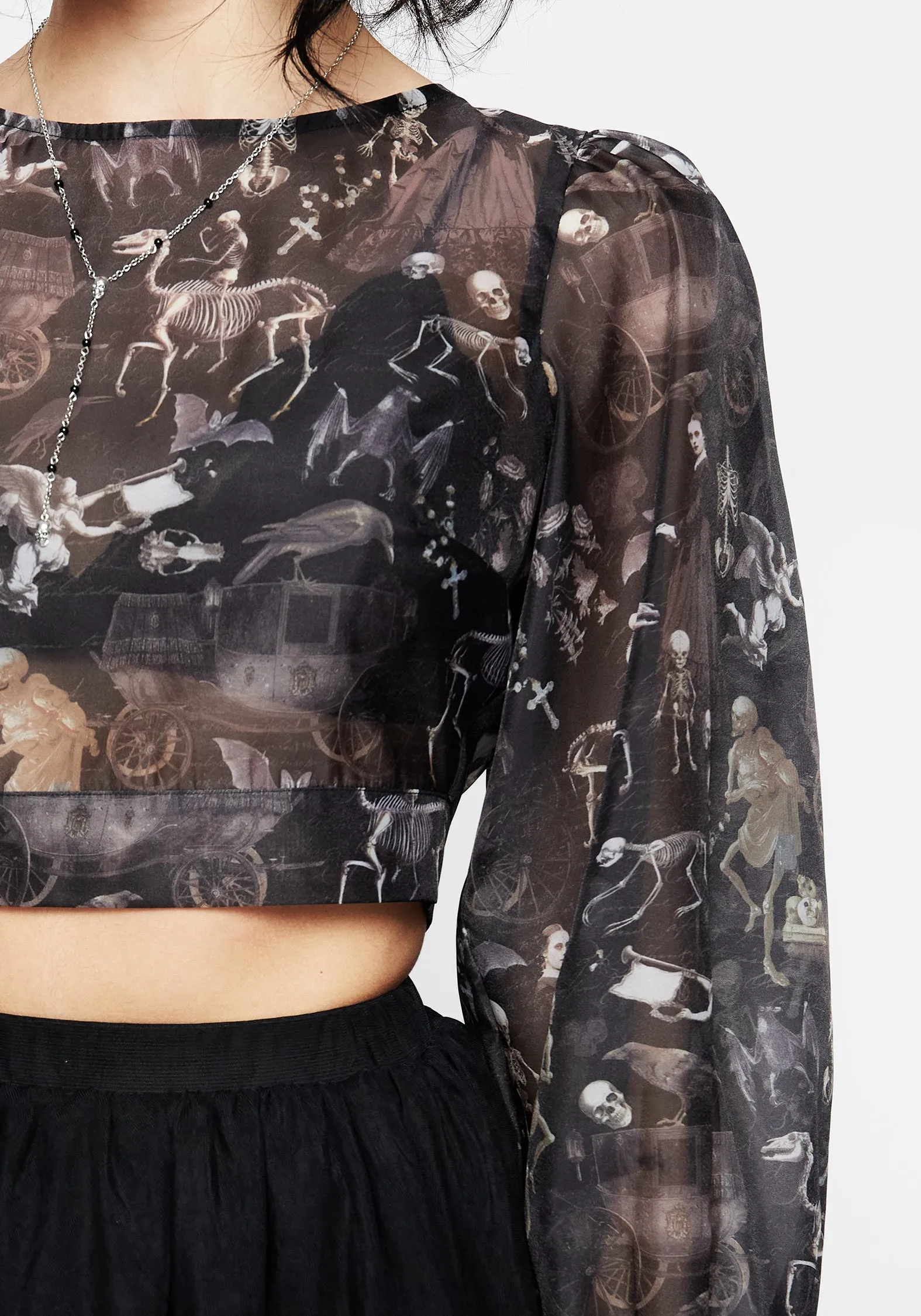 Neutral Color Modern Melancholia Puff Sleeve Tie Back Organza Crop Top