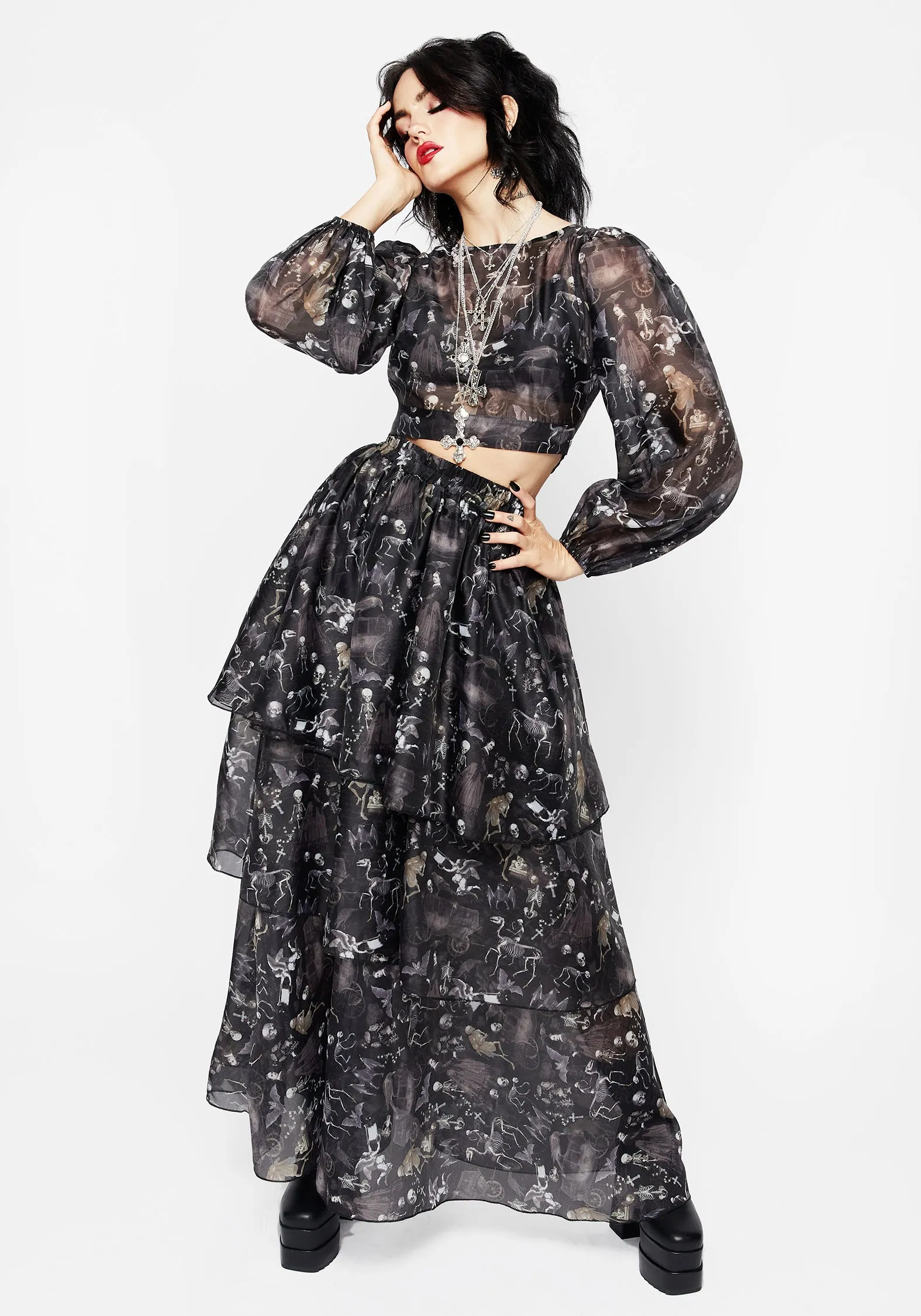 Melancholia Puff Sleeve Tie Back Organza Crop Top Sleepwear