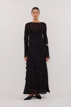 MELROSE BLACK SPOT LONG SLEEVE MAXI DRESS Natural Tones