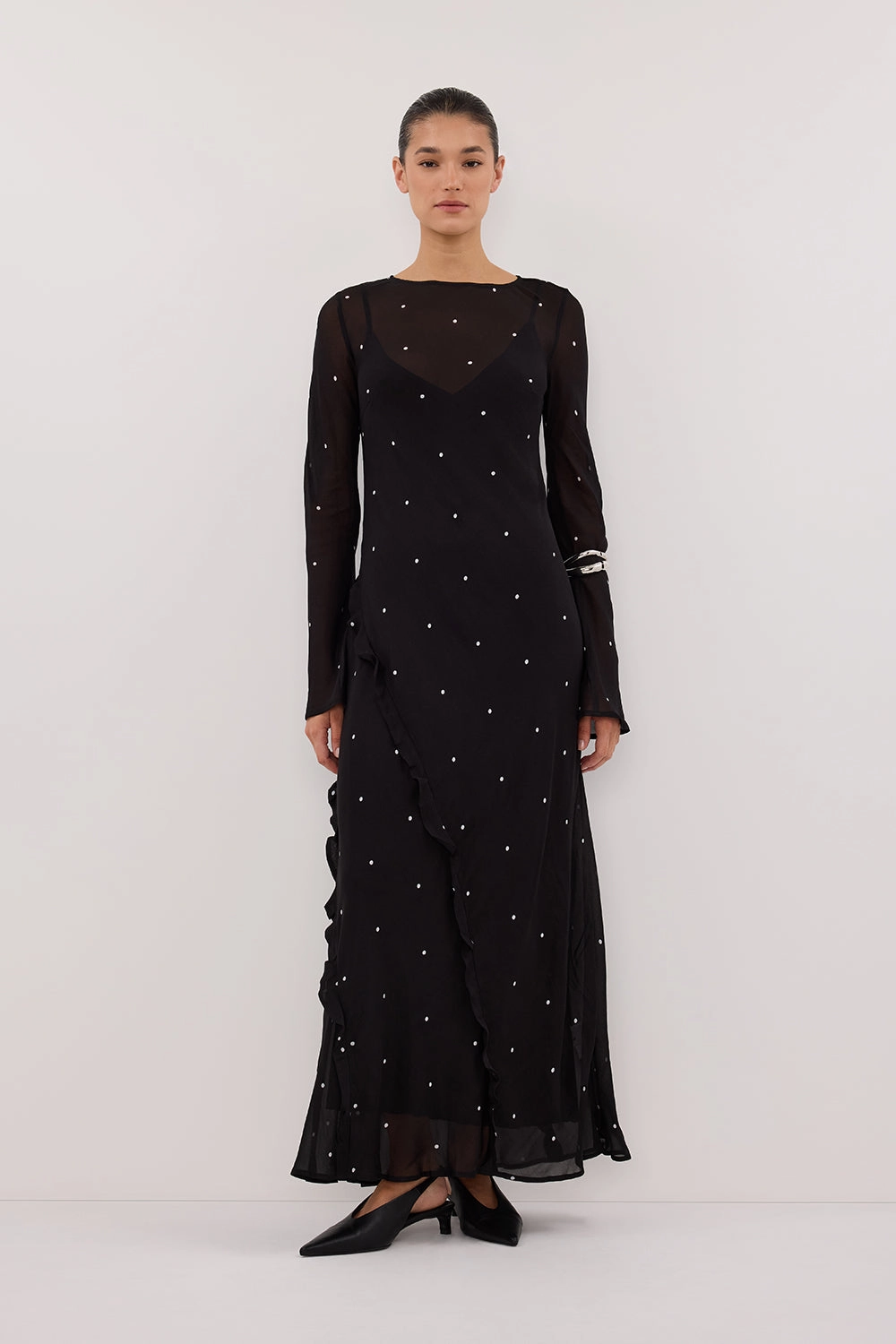 MELROSE BLACK SPOT LONG SLEEVE MAXI DRESS Natural Tones