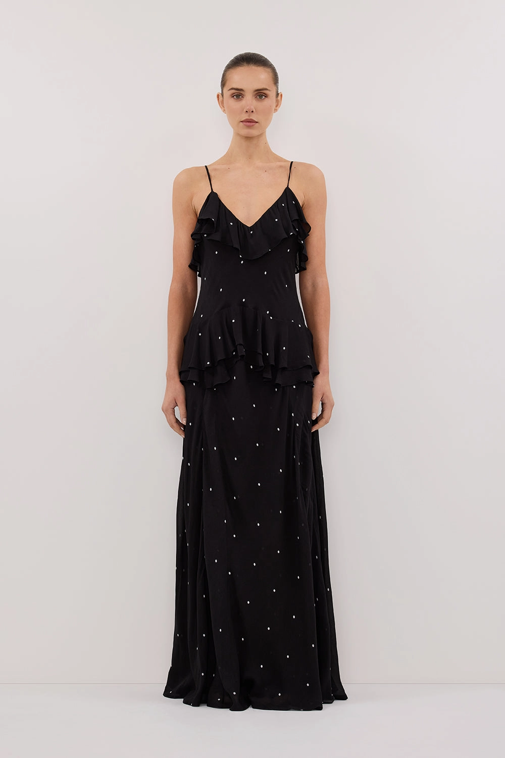 MELROSE BLACK SPOT MAXI DRESS Drapey Fabric