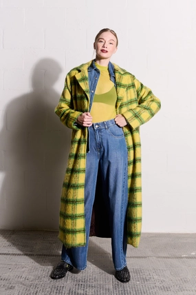 Melton Coat in Acid Check Fringe Detail Reinforced Collar Structure