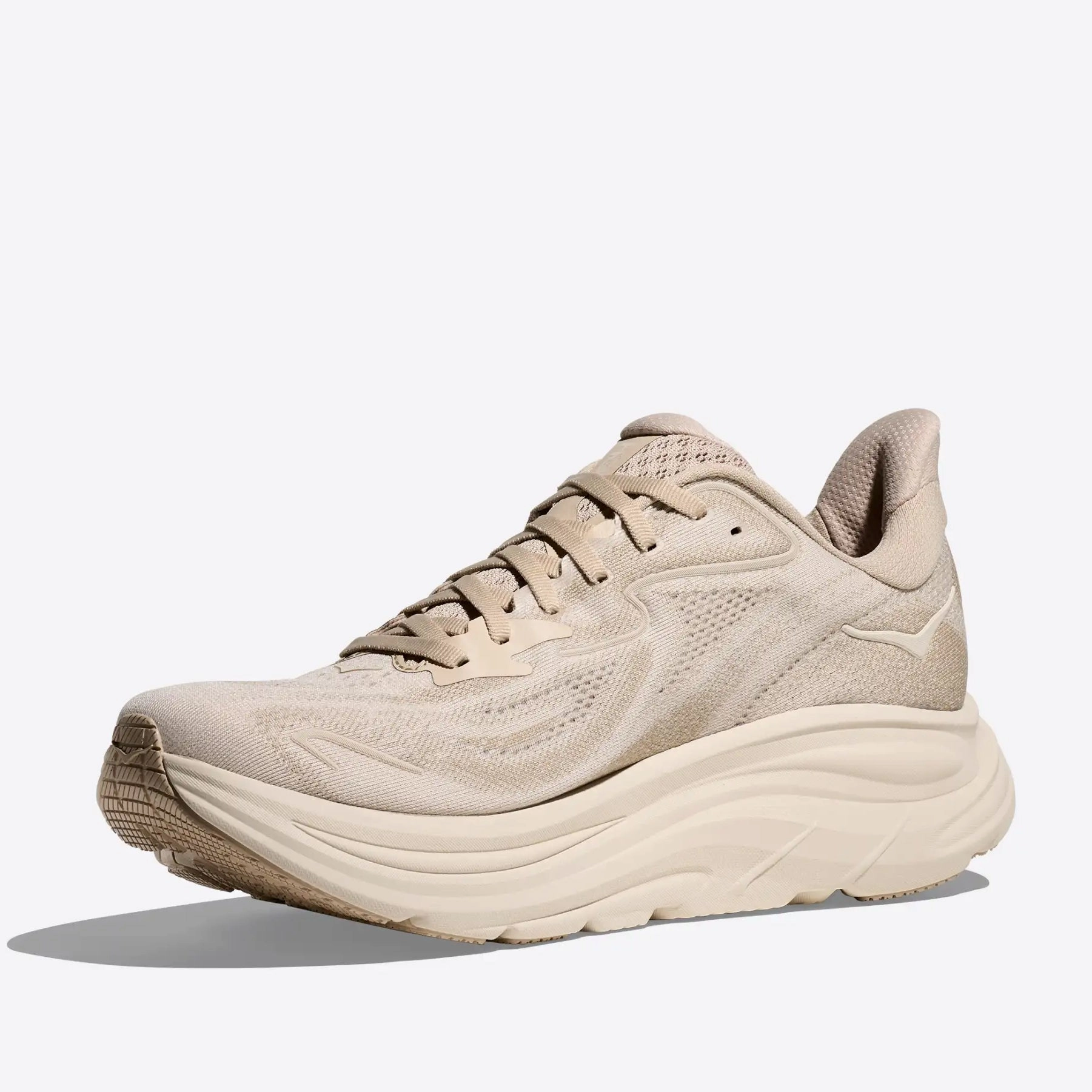 Men's Clifton 10 Running Shoes Oatmeal / Oat Milk running in a wooden bridge area shoes road - runner