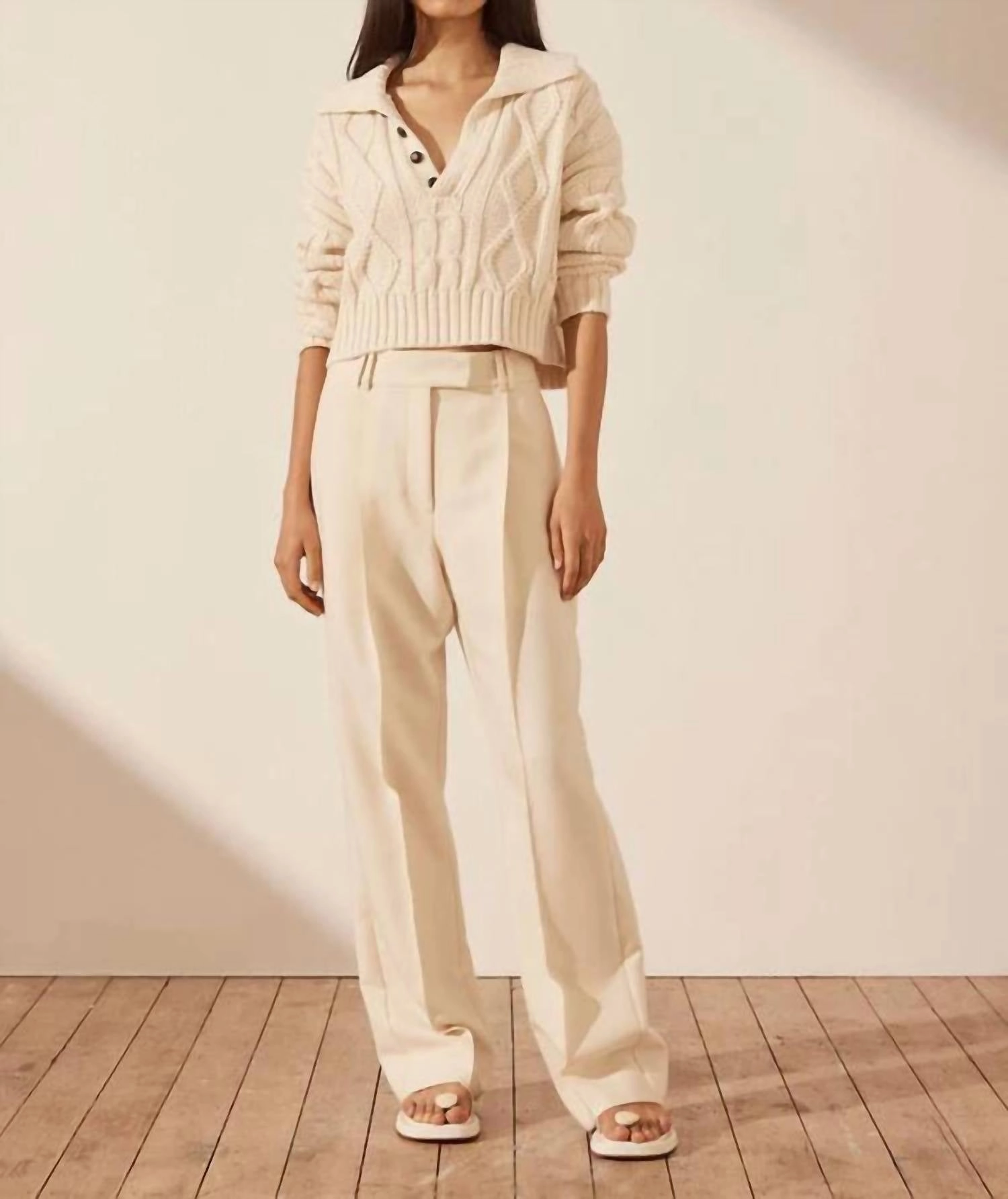 Mercure Button Up Cable Jumper In White Knit Layers Cozy Fabric