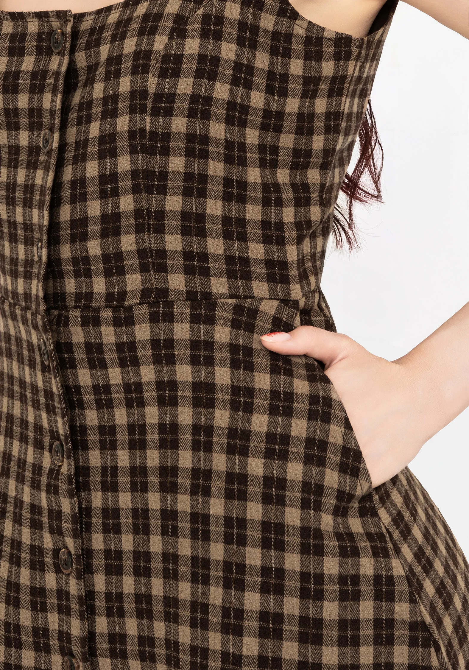 Terra Cotton Check Sleeveless Button Up Mini Dress - Brown Sweetheart Cut Flowy casual dress