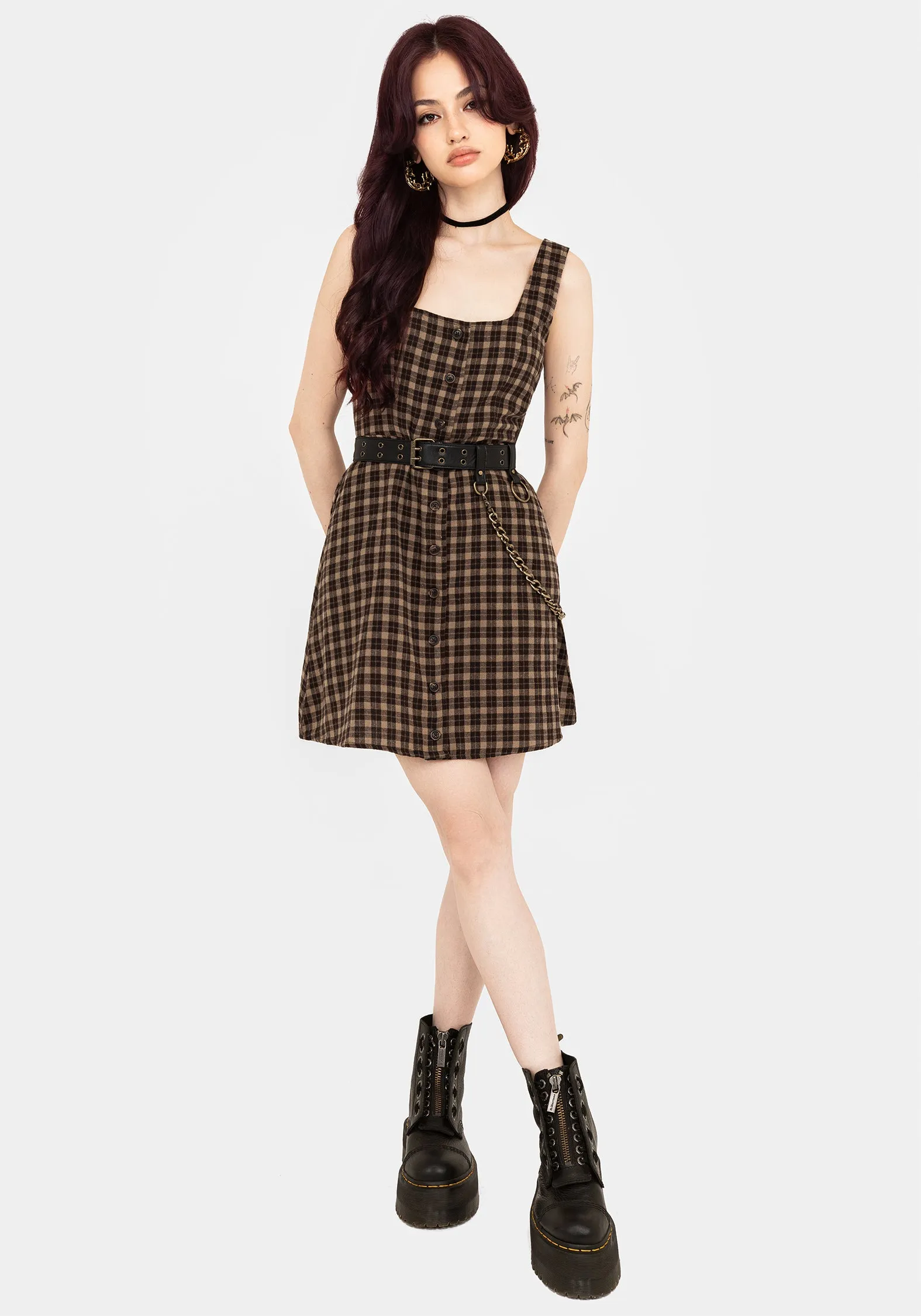 Fresh Color Terra Cotton Check Sleeveless Button Up Mini Dress - Brown