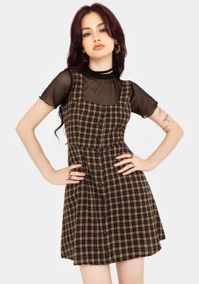 Natural Texture Comfortable Silhouette Terra Cotton Check Sleeveless Button Up Mini Dress - Brown