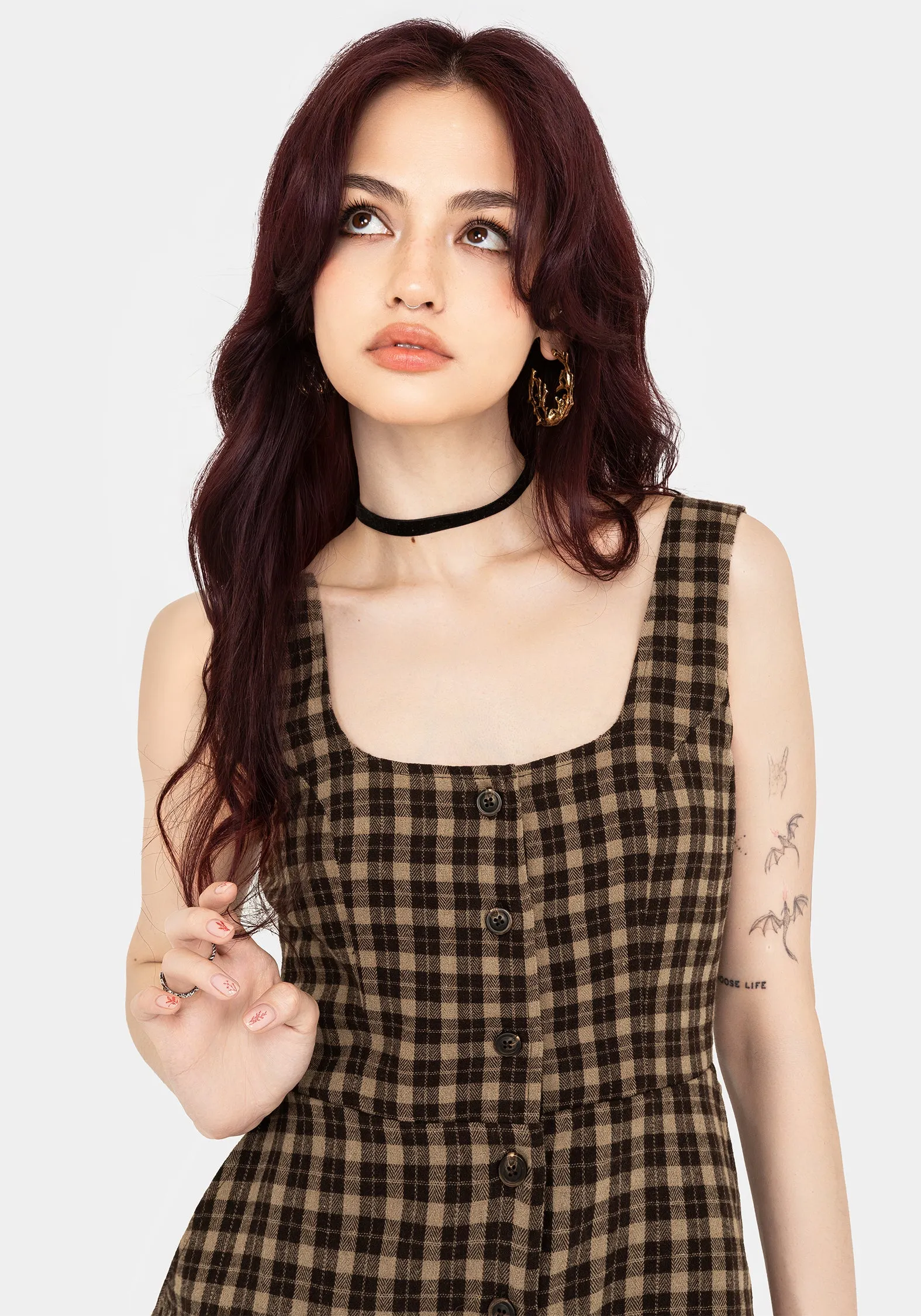 Terra Cotton Check Sleeveless Button Up Mini Dress - Brown Stylish party wear