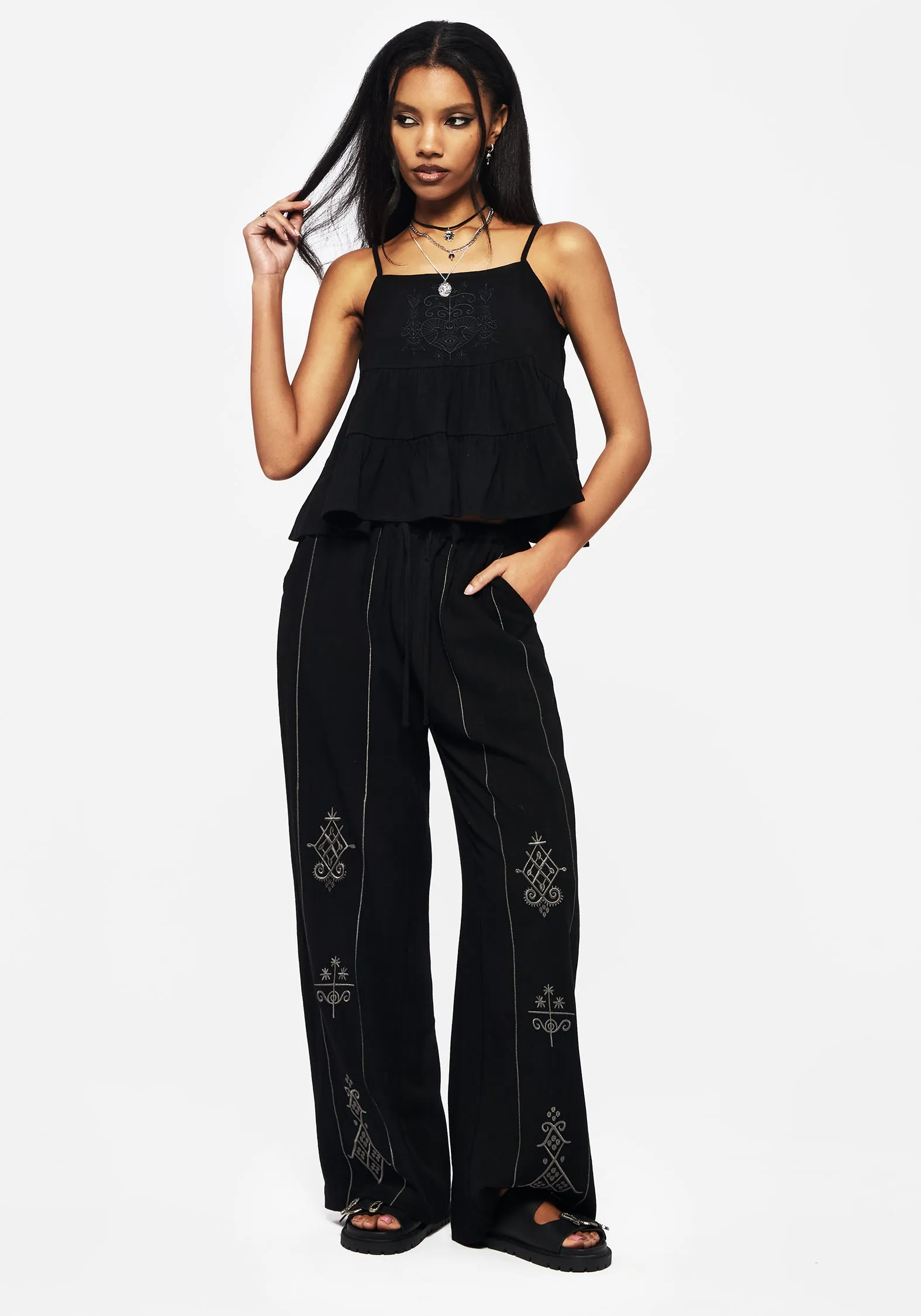 Smooth zipper closure Merrymount Embroidered Wide Leg Trouser