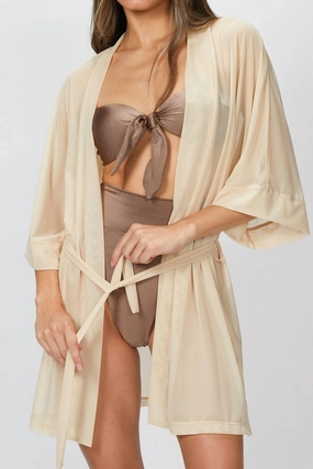 Zero Pilling Guarantee Moisture Wicking Knit Mesh Kimono In Sand