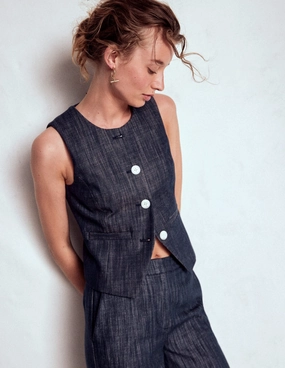 Tailored Twill Waistcoat-Navy, Indigo Contoured Back Panel Stretch Comfort