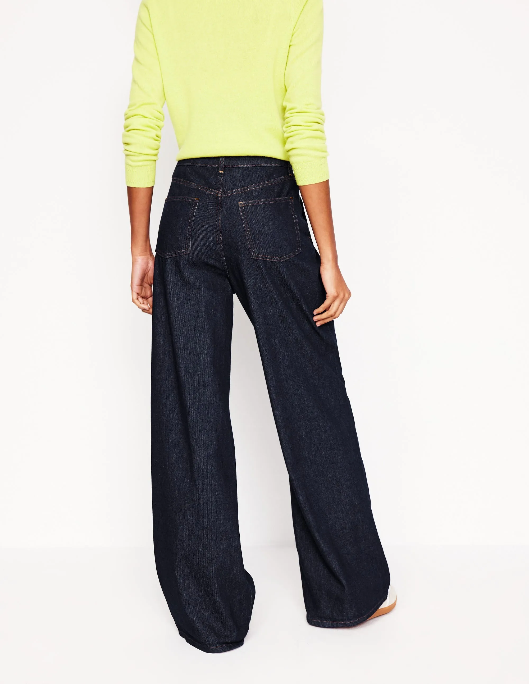 Mid Rise Fluid Denim Trousers-Indigo Rinse Stretch Motion Side slits