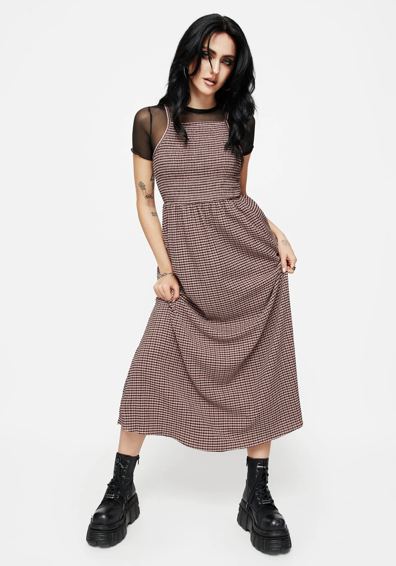 Grace Soft Vibrant Layer Midora Crinkle Check Racerback Midaxi Dress