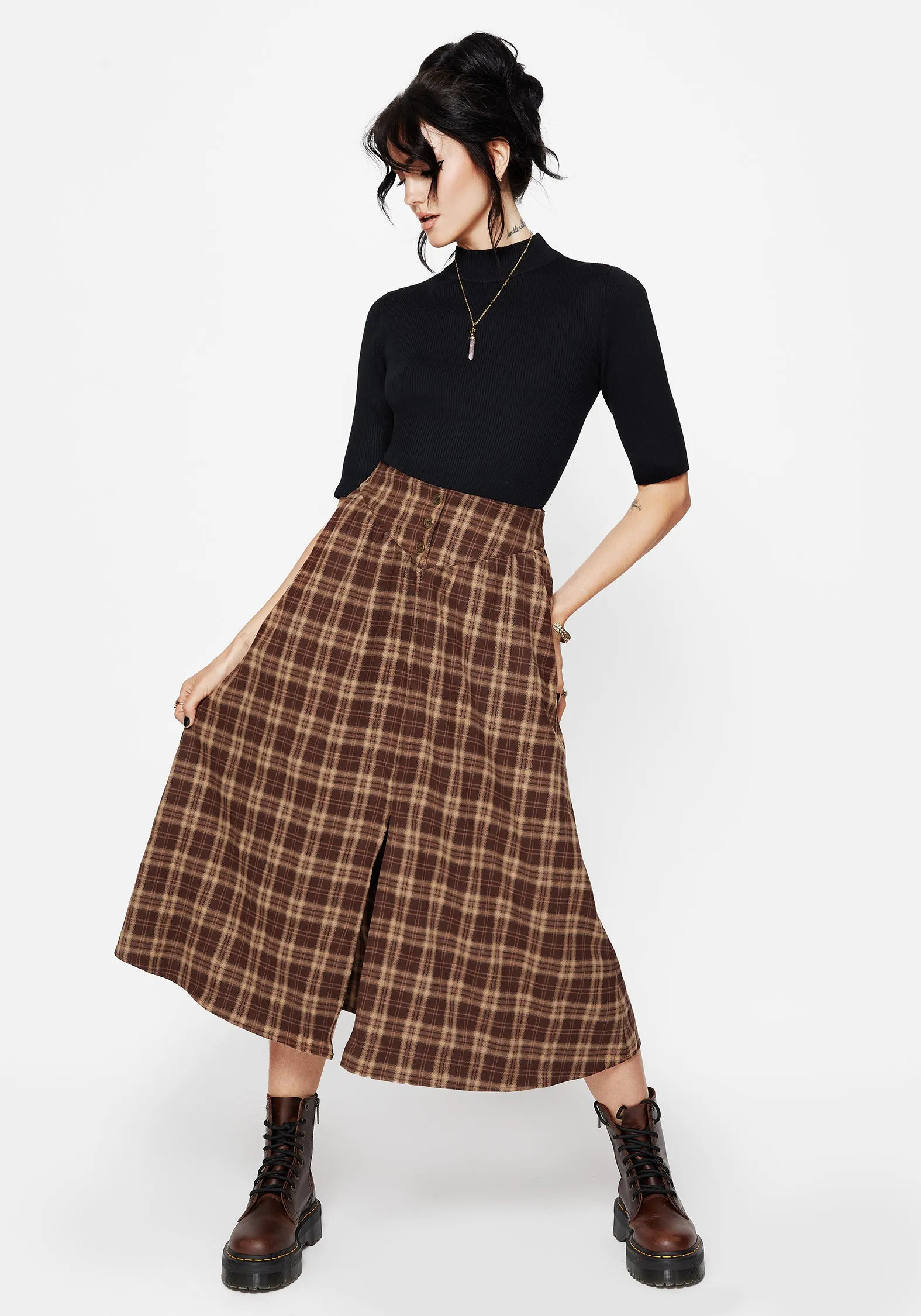 Layered Structure Fresh Texture Milo Check Button Down Front Split Midi Skirt