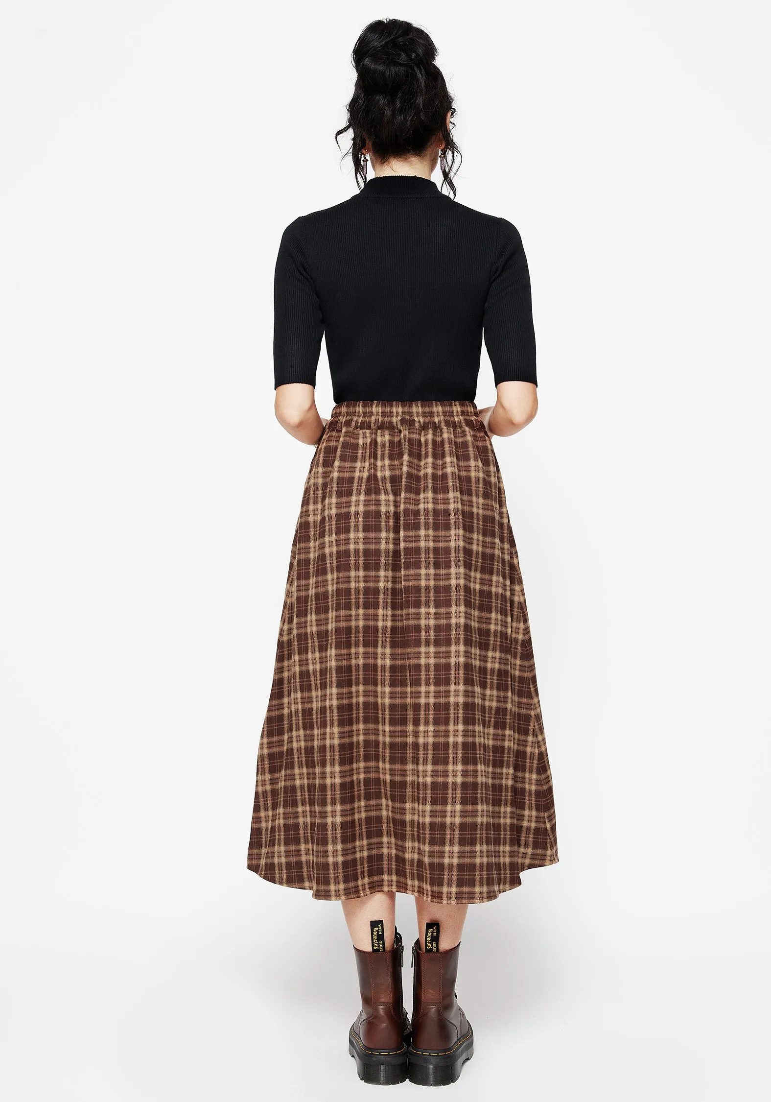 Milo Check Button Down Front Split Midi Skirt Laidback Style Cozy Feel
