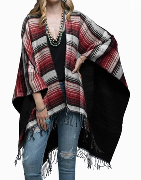 Oversized Silhouette Tassel Checked Poncho In Merlot