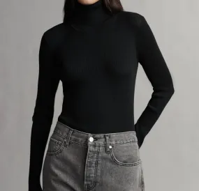 Merino Wool Turtleneck In Black Drop Needle Detailing Durable Fabric