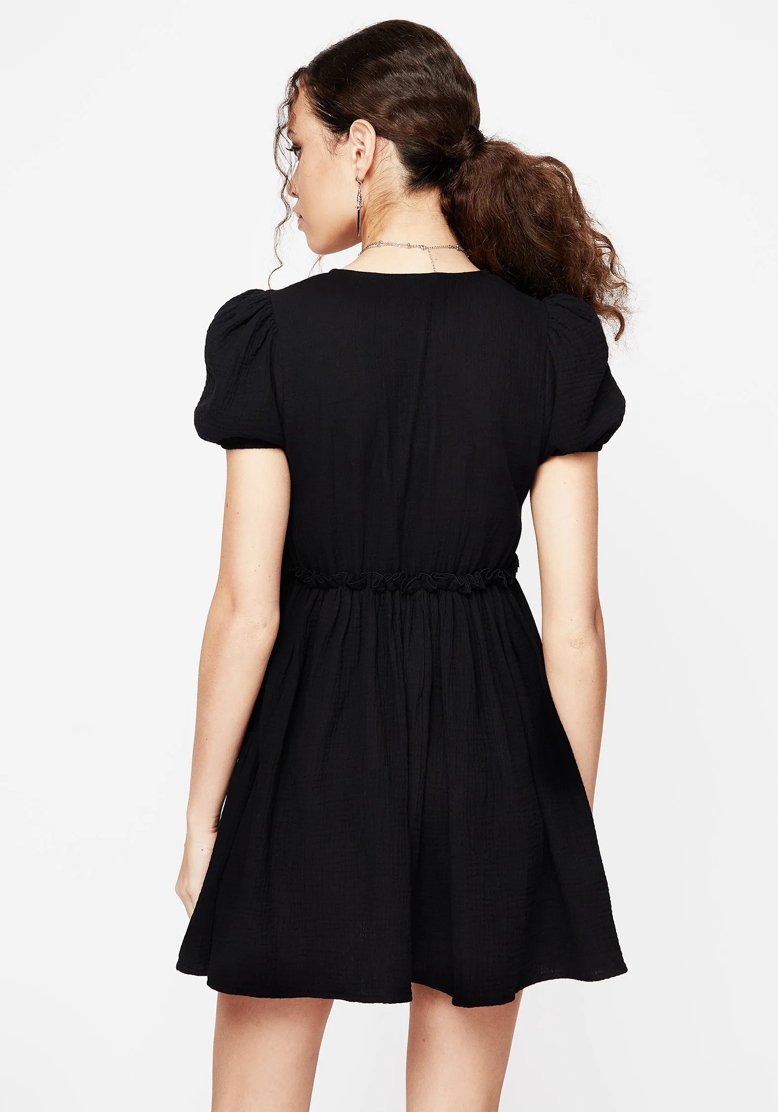 Smart and Sleek Cocoon Butterfly Embroidered Puff Sleeve Mini Dress