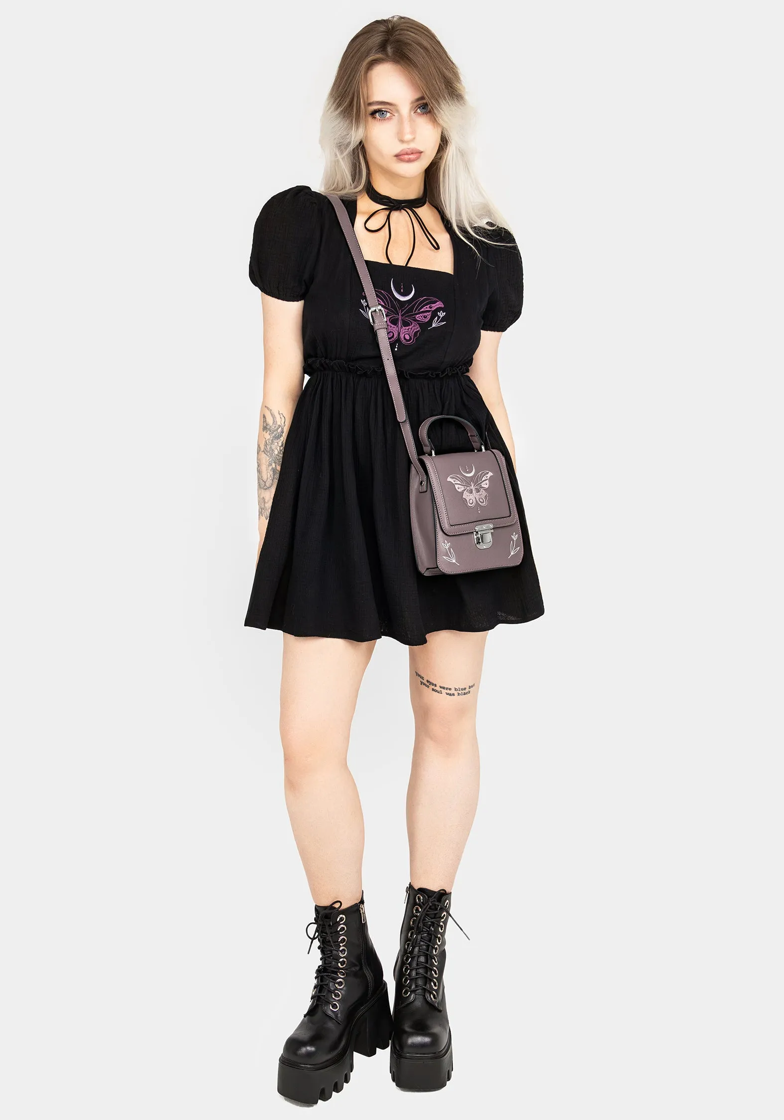 Cocoon Butterfly Embroidered Puff Sleeve Mini Dress Stylish Line Easy-Storage