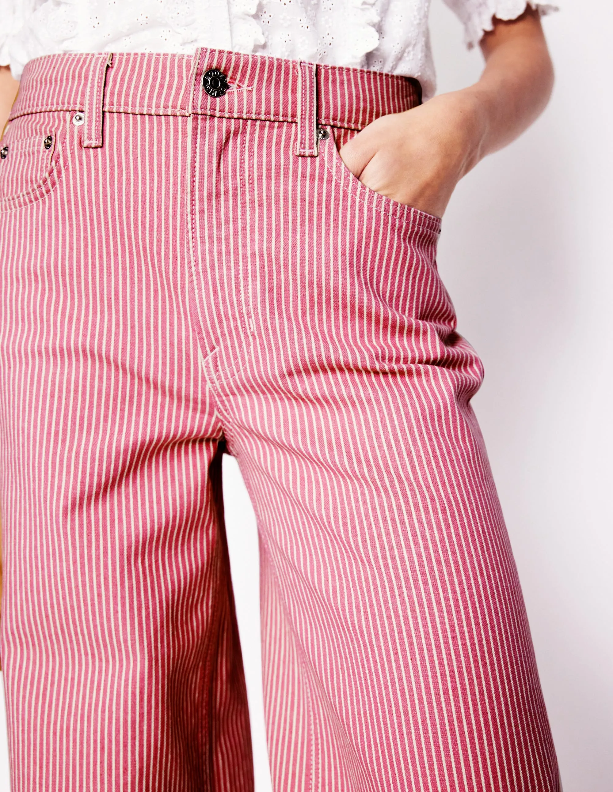 Casual Fit Design High Rise Wide Leg Jeans-Pink Stripe