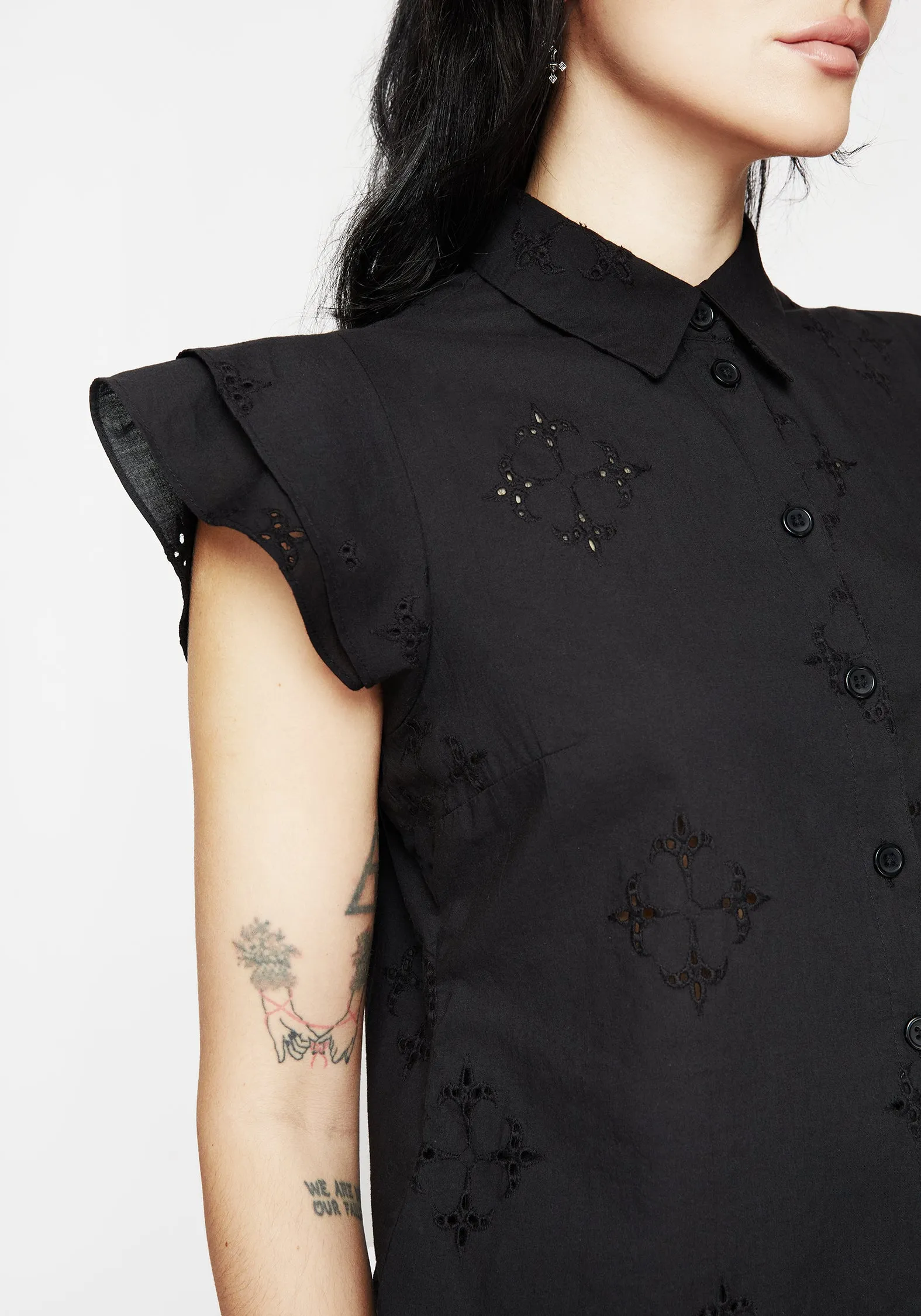 Crux Broderie Cotton Frill Sleeve Button Up Shirt Breathable mesh Animal Print