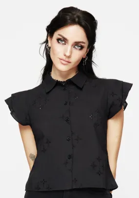 Crux Broderie Cotton Frill Sleeve Button Up Shirt Street Fashion