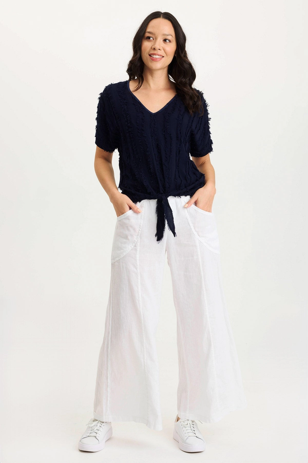 Slim Profile Pia Paper-Bag Waist Linen Wide Leg Pant