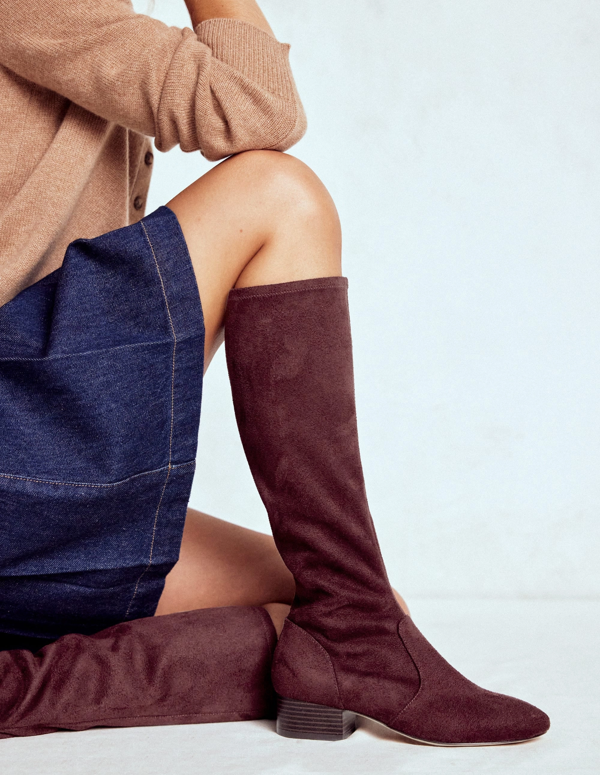 Flat Stretch Knee Boots-Chestnut Elastic Band Biker